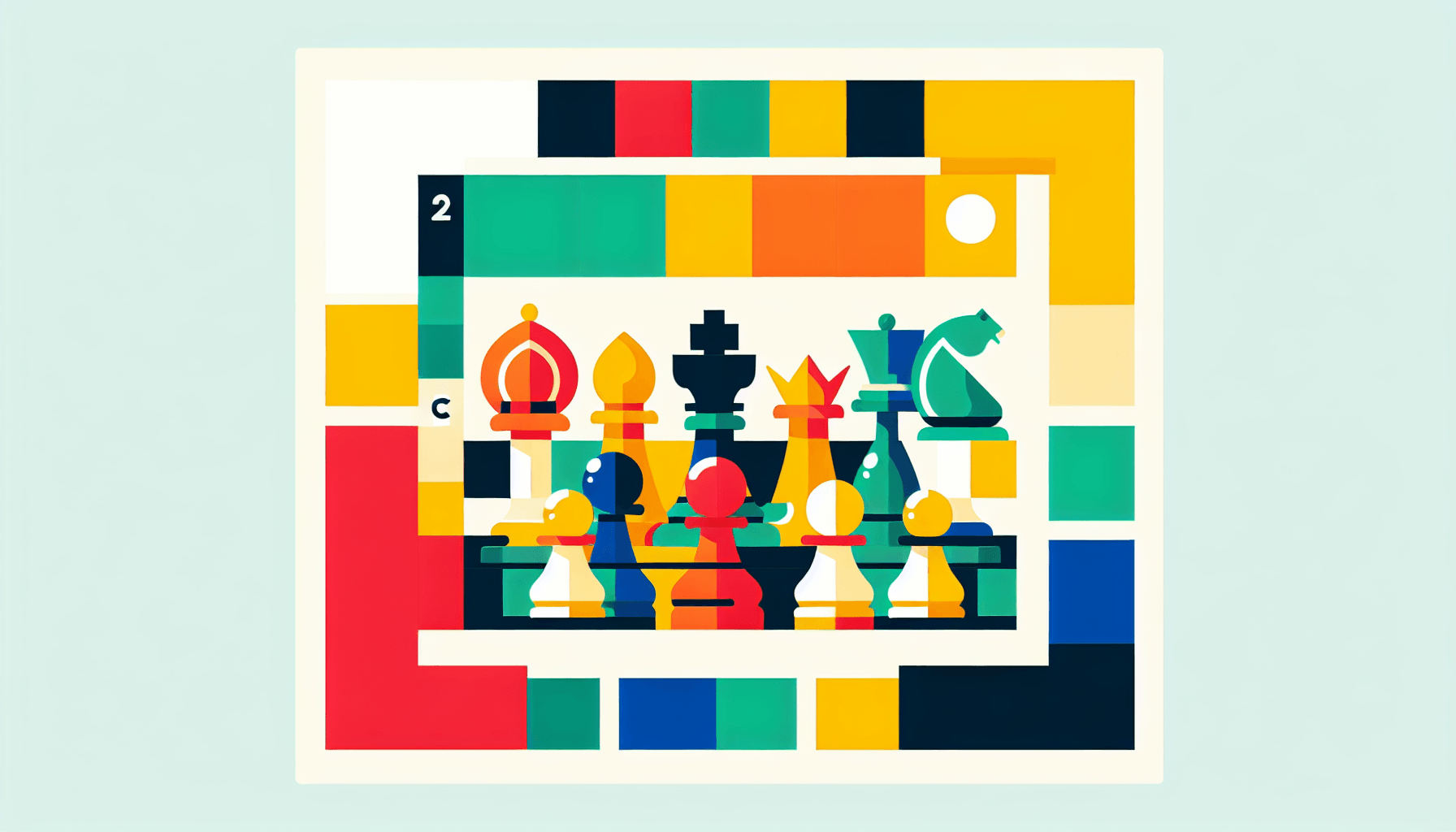 Chessboard in flat illustration style and white background, red #f47574, green #88c7a8, yellow #fcc44b, and blue #645bc8 colors.