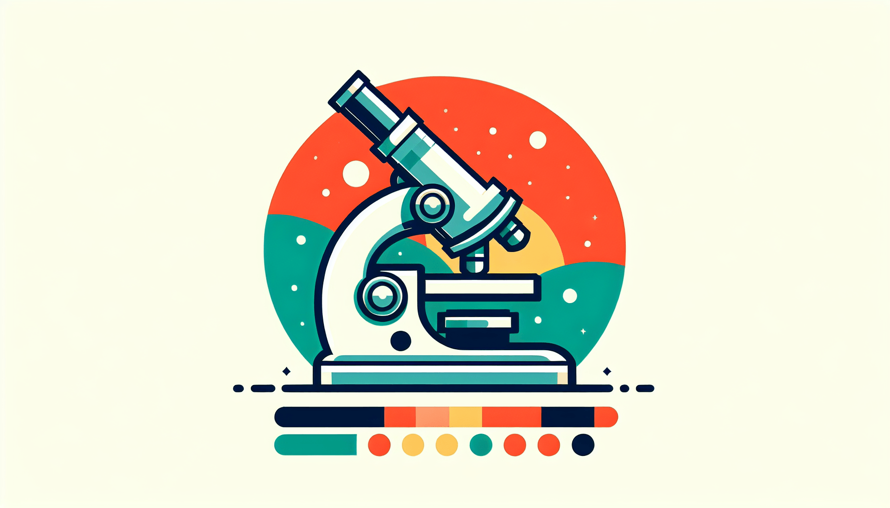Microscope in flat illustration style and white background, red #f47574, green #88c7a8, yellow #fcc44b, and blue #645bc8 colors.