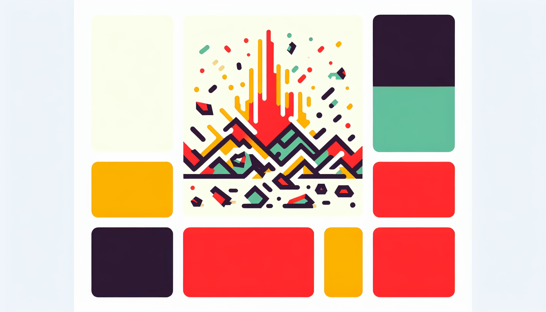 Earthquake in flat illustration style and white background, red #f47574, green #88c7a8, yellow #fcc44b, and blue #645bc8 colors.