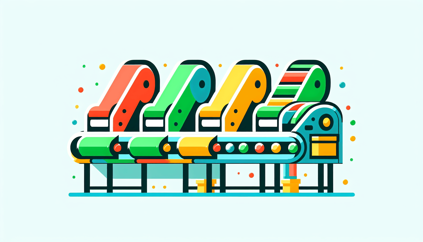 Conveyor belt in flat illustration style and white background, red #f47574, green #88c7a8, yellow #fcc44b, and blue #645bc8 colors.