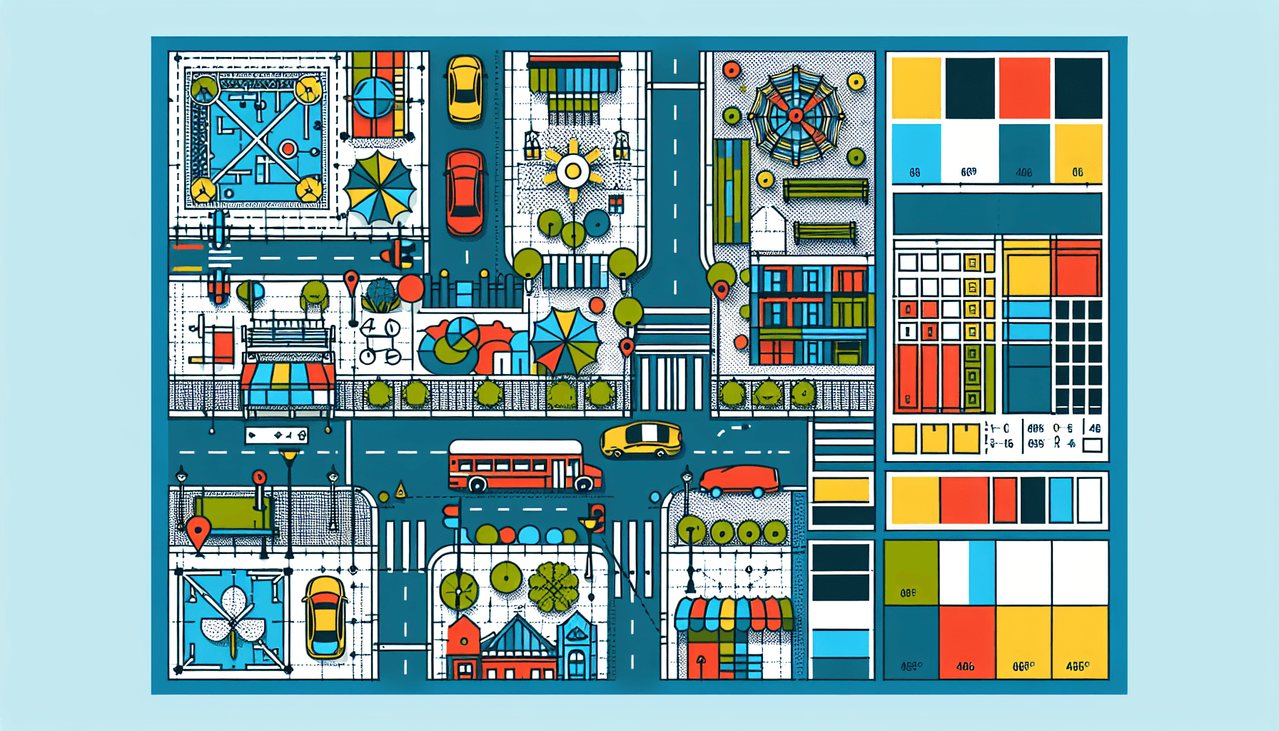 Blueprint in flat illustration style and white background, red #f47574, green #88c7a8, yellow #fcc44b, and blue #645bc8 colors.