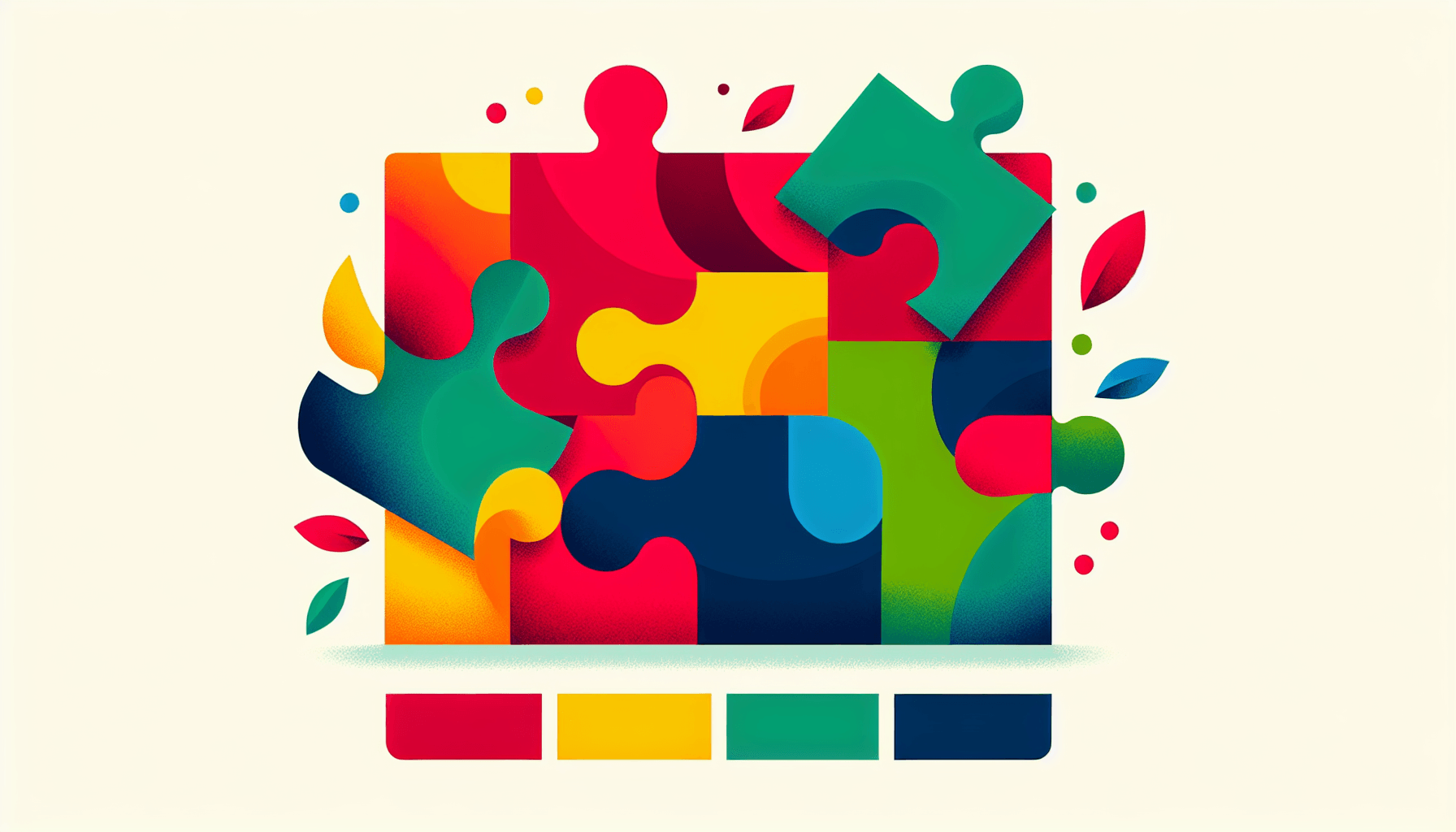 Puzzle in flat illustration style and white background, red #f47574, green #88c7a8, yellow #fcc44b, and blue #645bc8 colors.