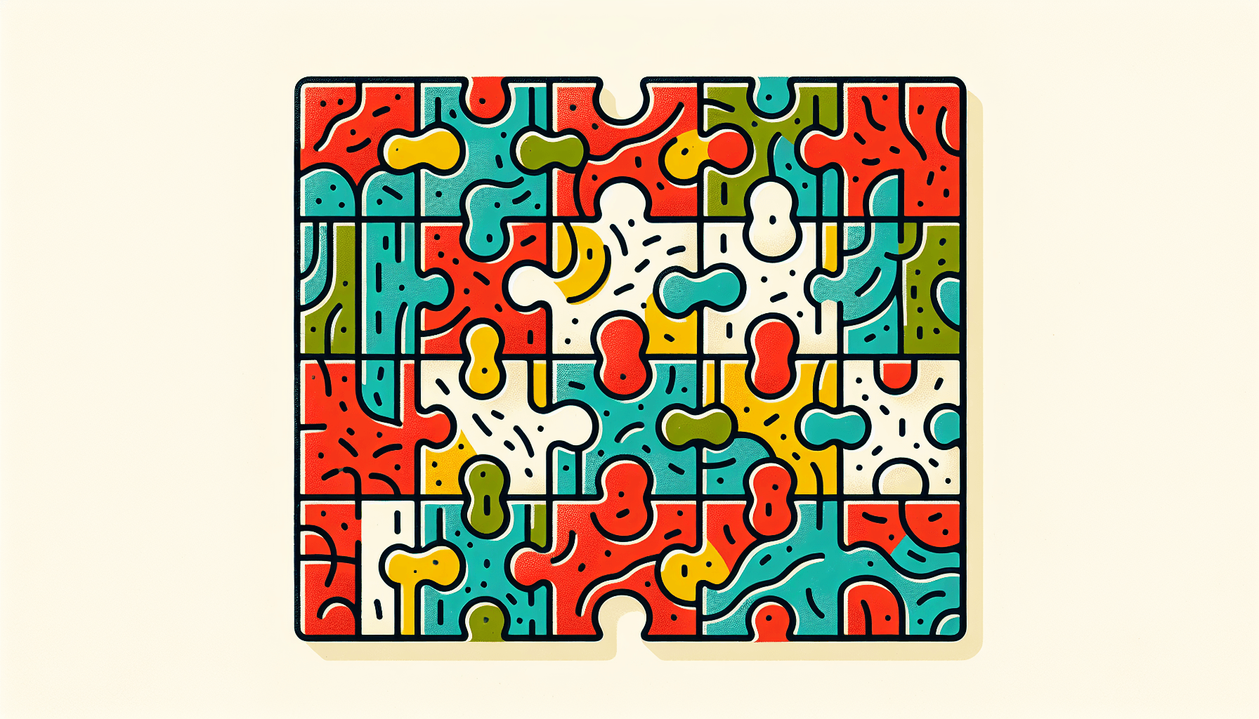 Puzzle in flat illustration style and white background, red #f47574, green #88c7a8, yellow #fcc44b, and blue #645bc8 colors.
