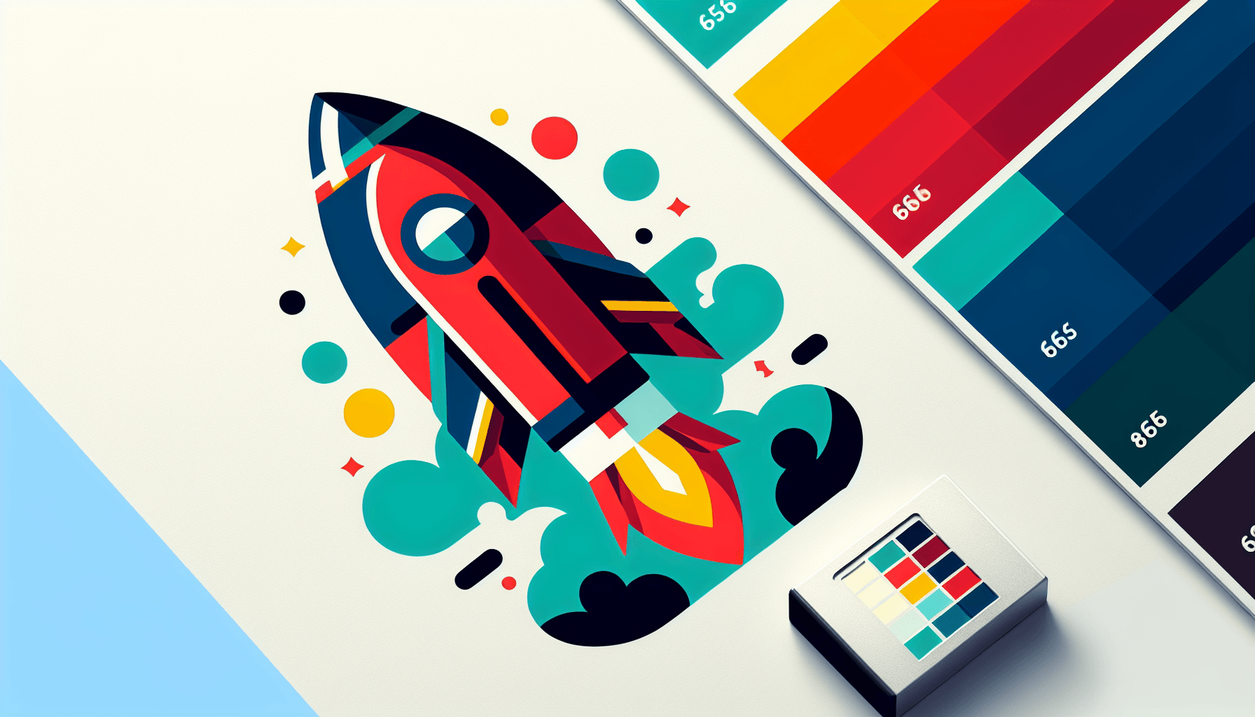 Rocket in flat illustration style and white background, red #f47574, green #88c7a8, yellow #fcc44b, and blue #645bc8 colors.