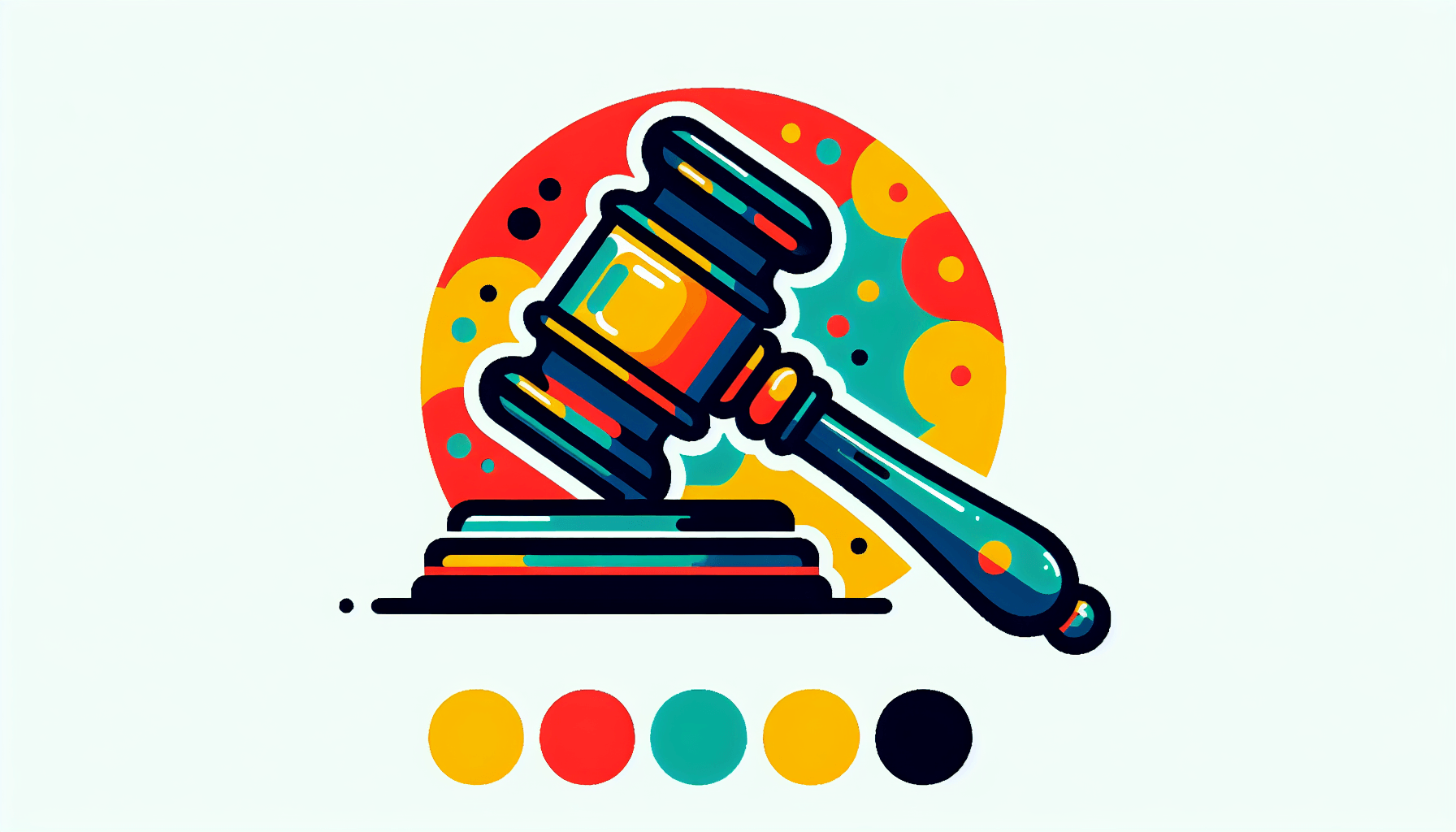 Gavel in flat illustration style and white background, red #f47574, green #88c7a8, yellow #fcc44b, and blue #645bc8 colors.