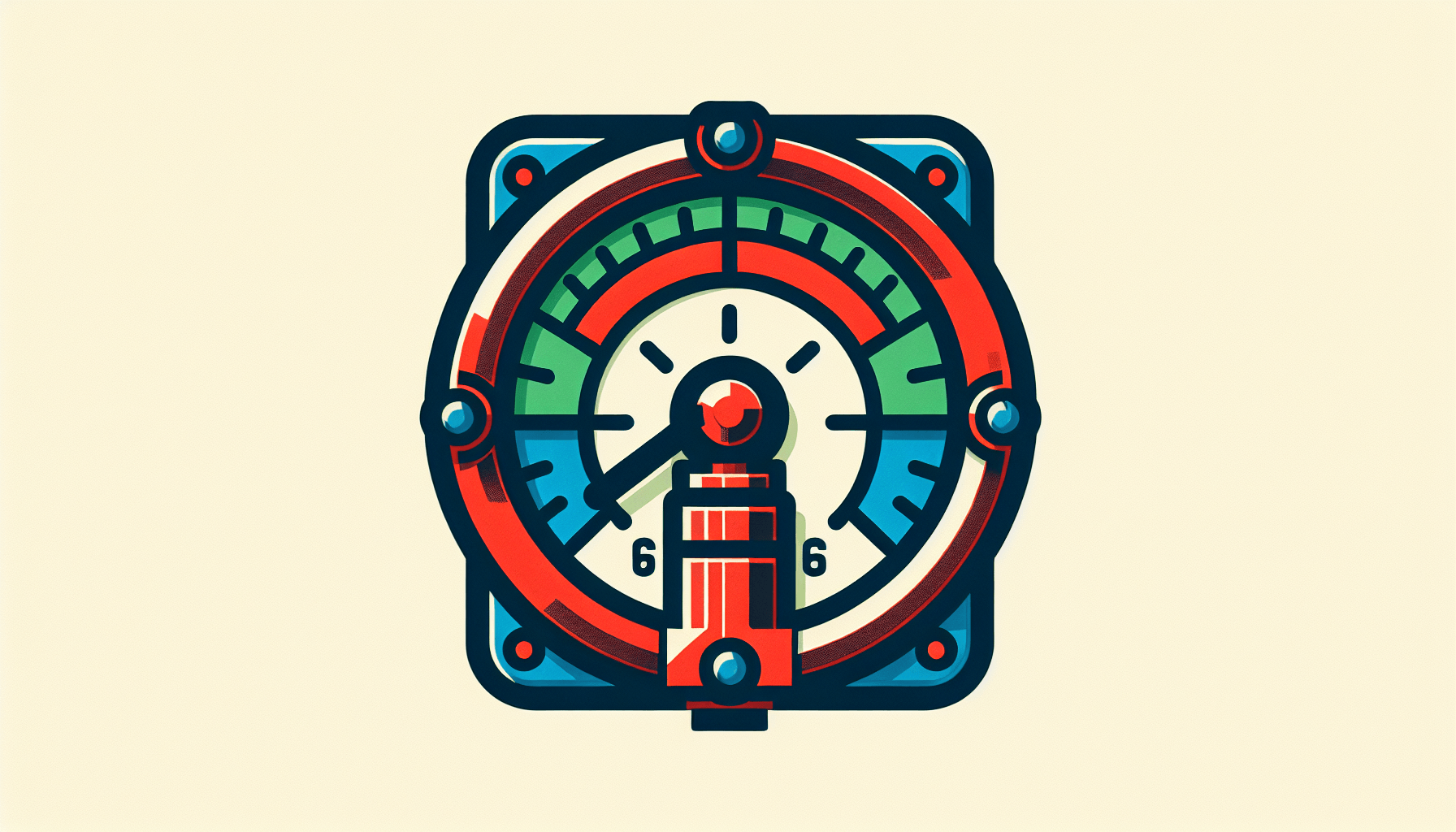 Pressure gauge in flat illustration style and white background, red #f47574, green #88c7a8, yellow #fcc44b, and blue #645bc8 colors.