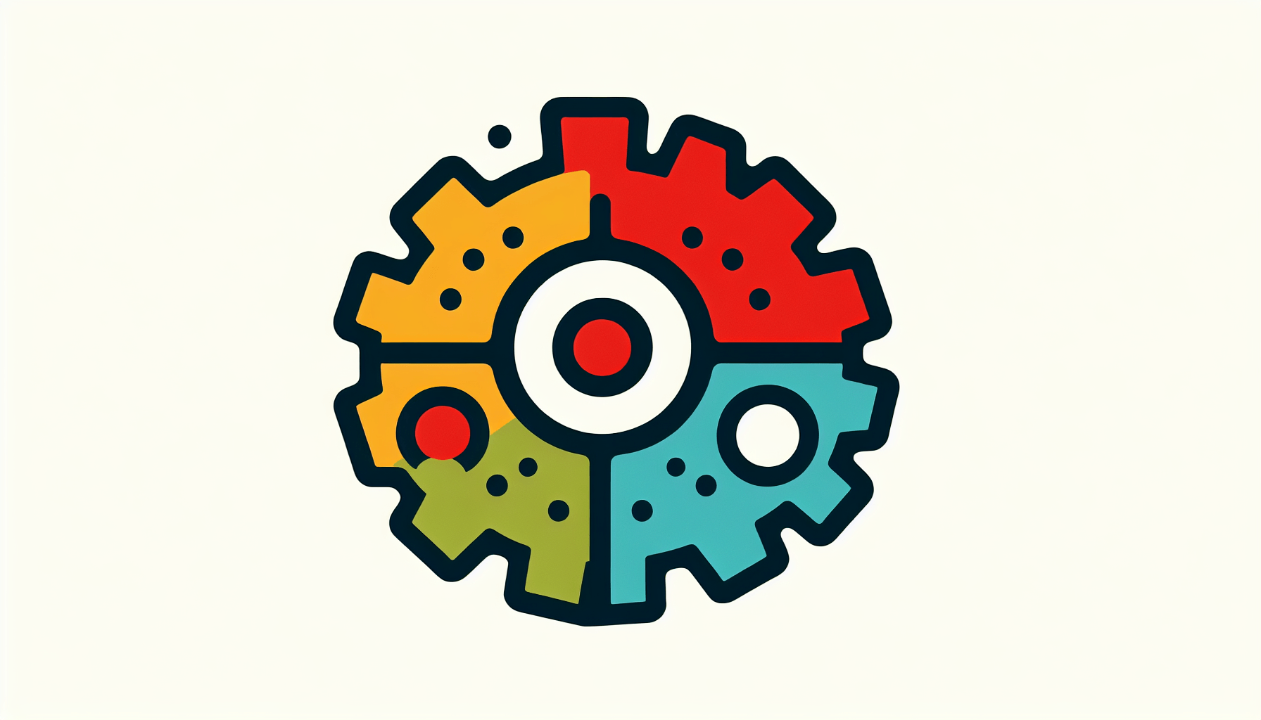Gear in flat illustration style and white background, red #f47574, green #88c7a8, yellow #fcc44b, and blue #645bc8 colors.