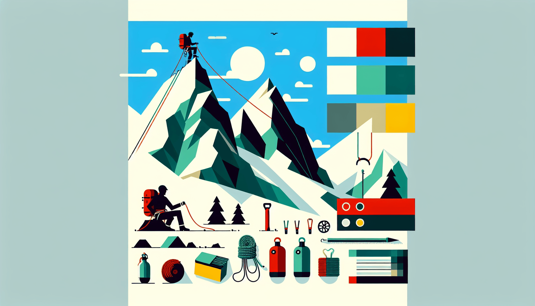 Mountain climb in flat illustration style and white background, red #f47574, green #88c7a8, yellow #fcc44b, and blue #645bc8 colors.