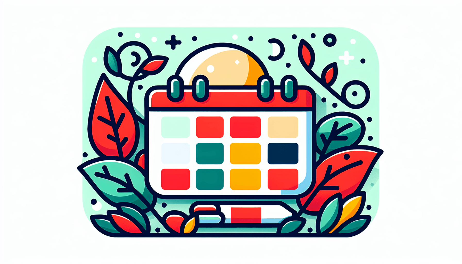 Calendar in flat illustration style and white background, red #f47574, green #88c7a8, yellow #fcc44b, and blue #645bc8 colors.