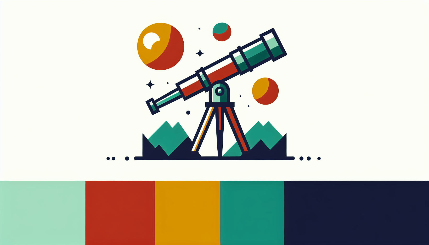 Telescope in flat illustration style and white background, red #f47574, green #88c7a8, yellow #fcc44b, and blue #645bc8 colors.