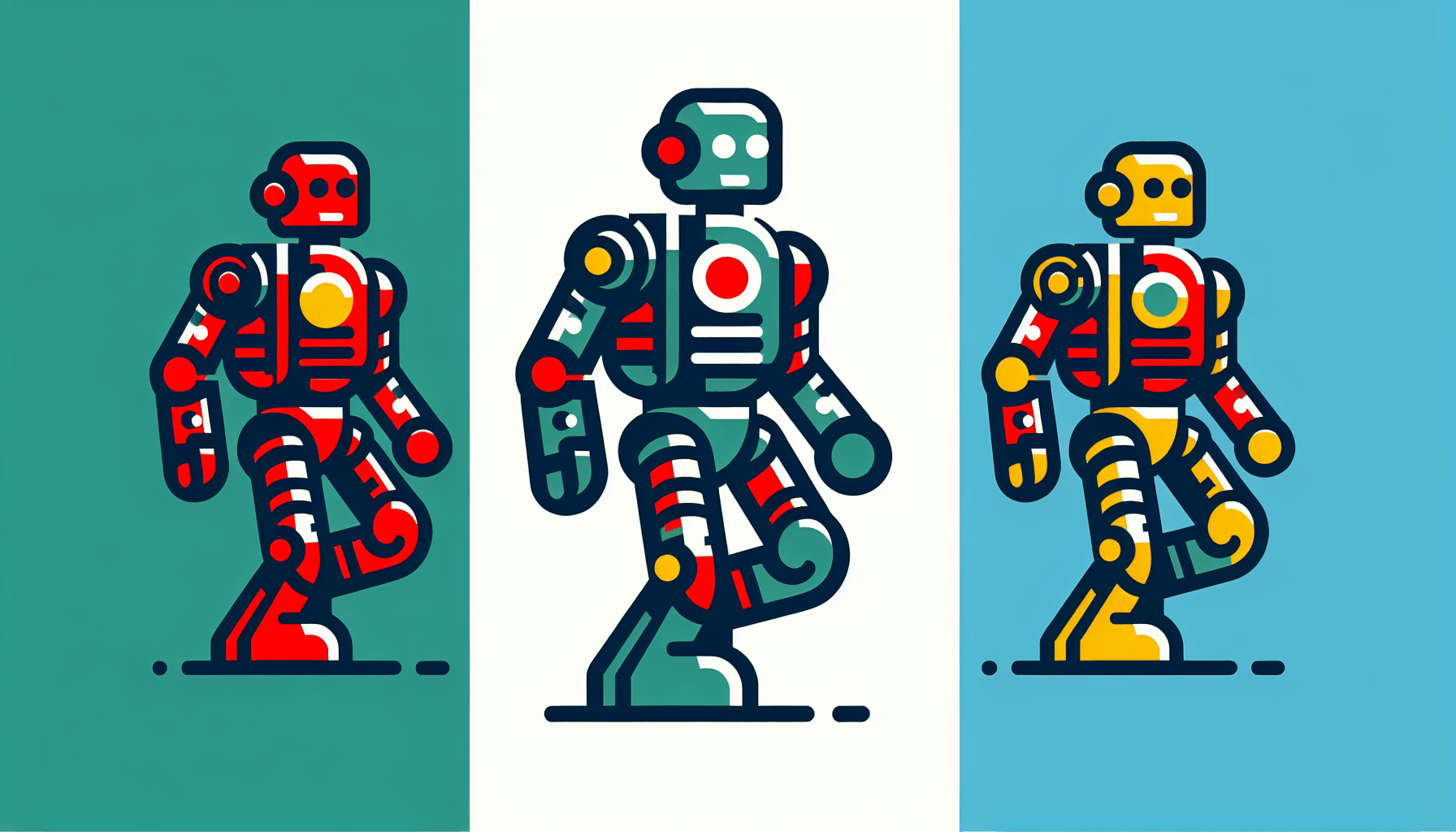 Robot in flat illustration style and white background, red #f47574, green #88c7a8, yellow #fcc44b, and blue #645bc8 colors.