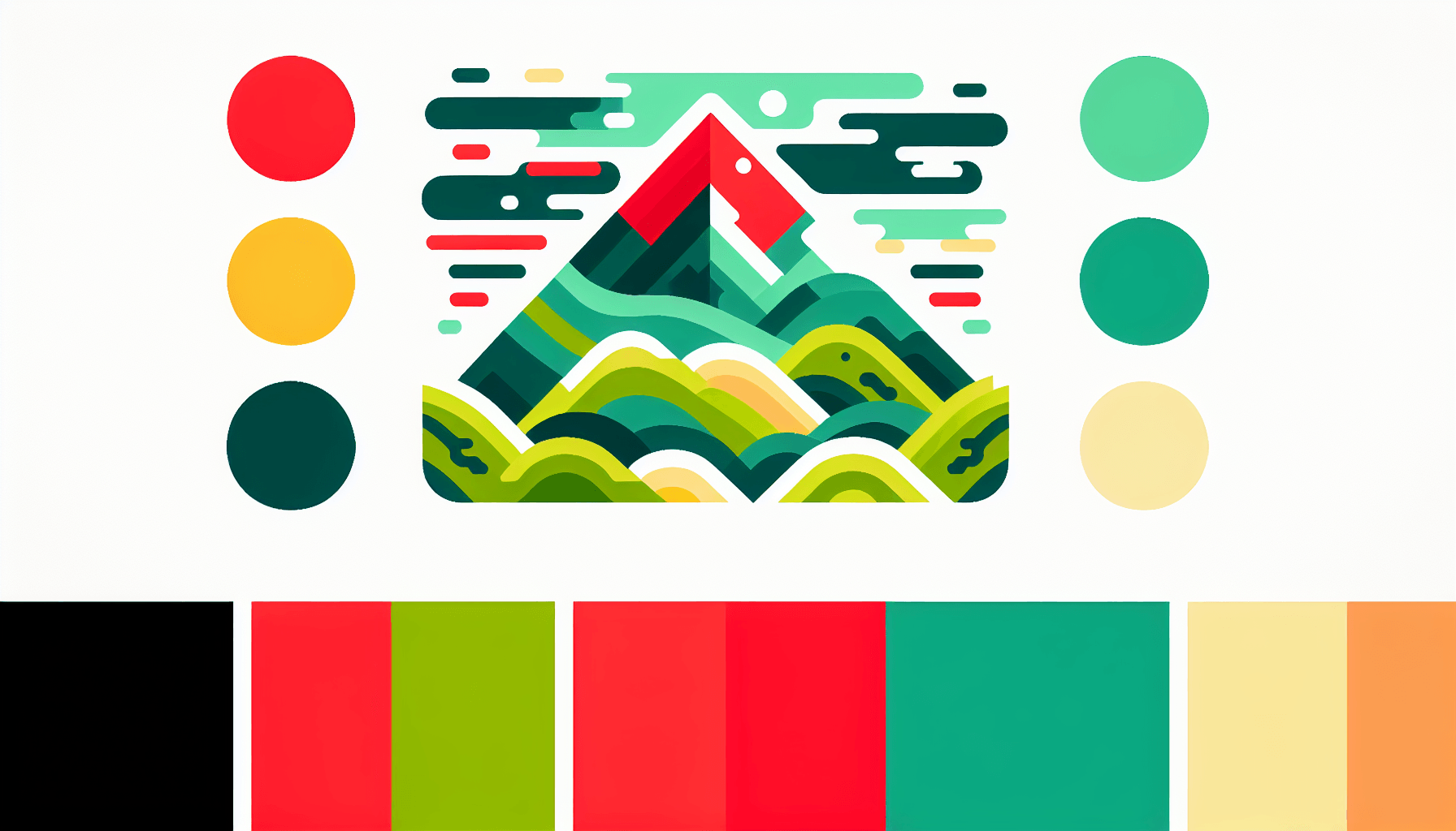 High ground in flat illustration style and white background, red #f47574, green #88c7a8, yellow #fcc44b, and blue #645bc8 colors.