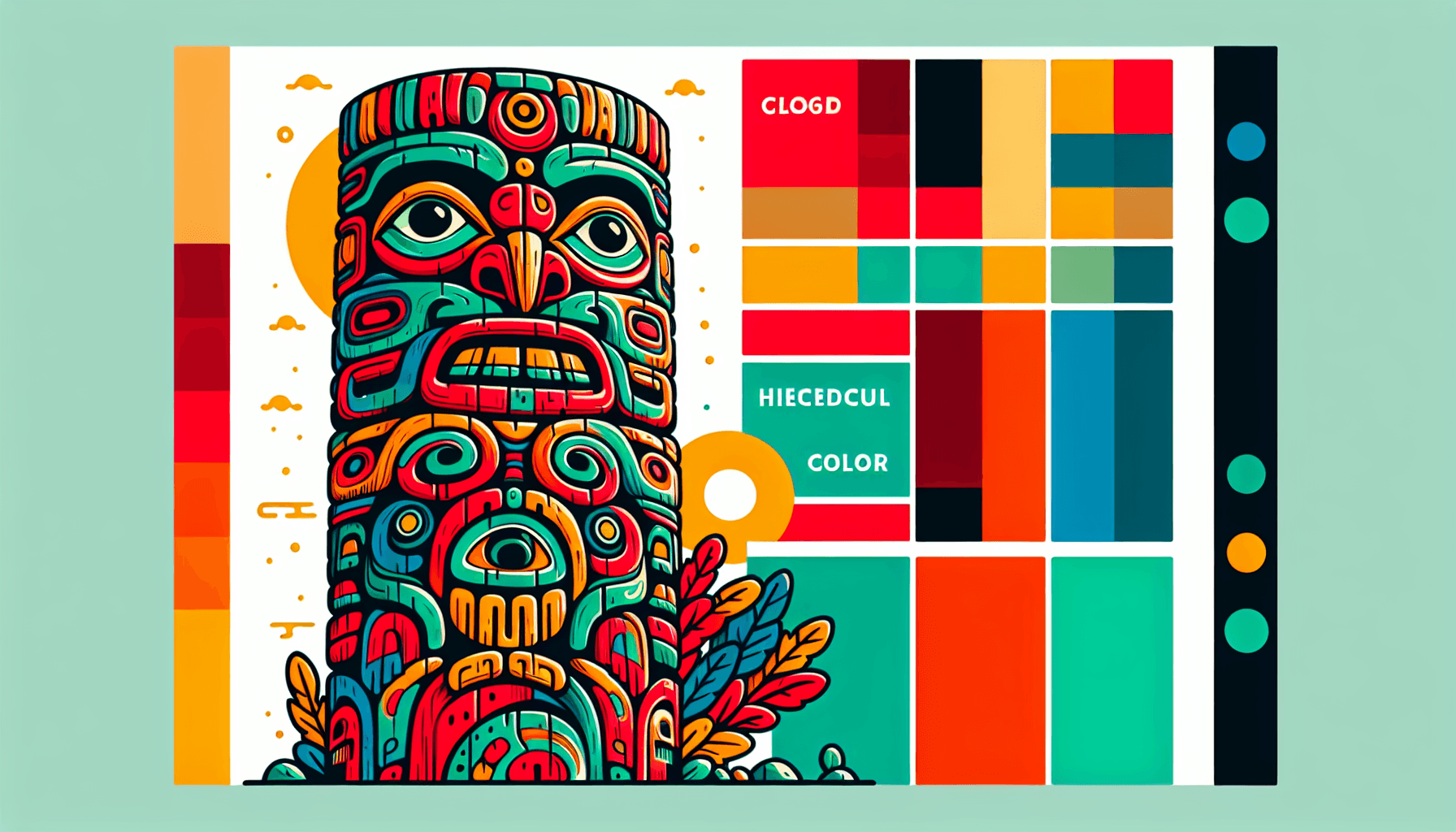 Totem in flat illustration style and white background, red #f47574, green #88c7a8, yellow #fcc44b, and blue #645bc8 colors.