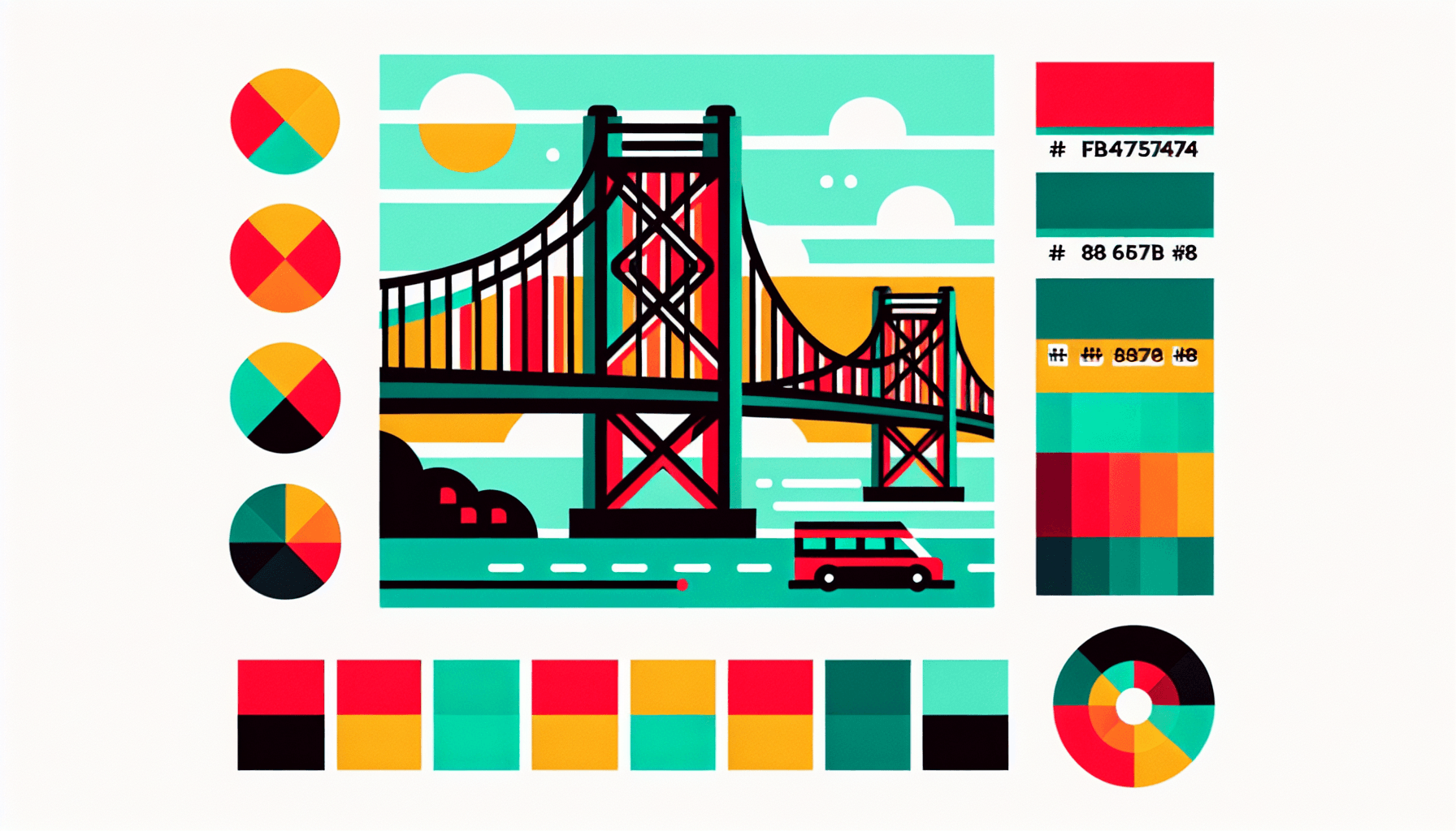 Bridge in flat illustration style and white background, red #f47574, green #88c7a8, yellow #fcc44b, and blue #645bc8 colors.