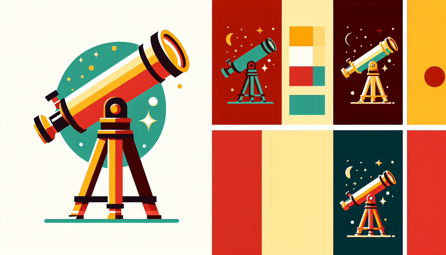 Telescope in flat illustration style and white background, red #f47574, green #88c7a8, yellow #fcc44b, and blue #645bc8 colors.