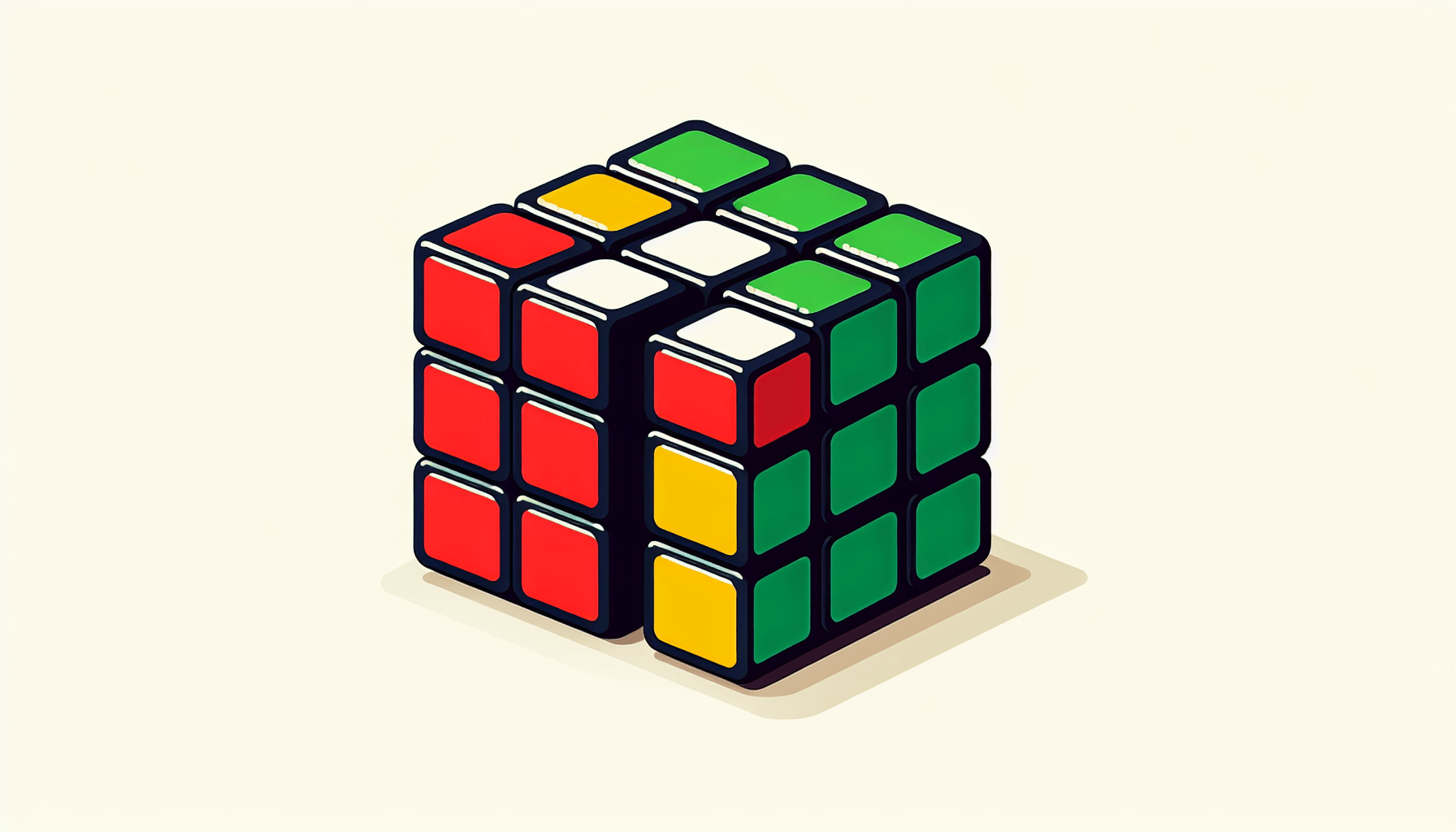 Rubik's Cube in flat illustration style and white background, red #f47574, green #88c7a8, yellow #fcc44b, and blue #645bc8 colors.