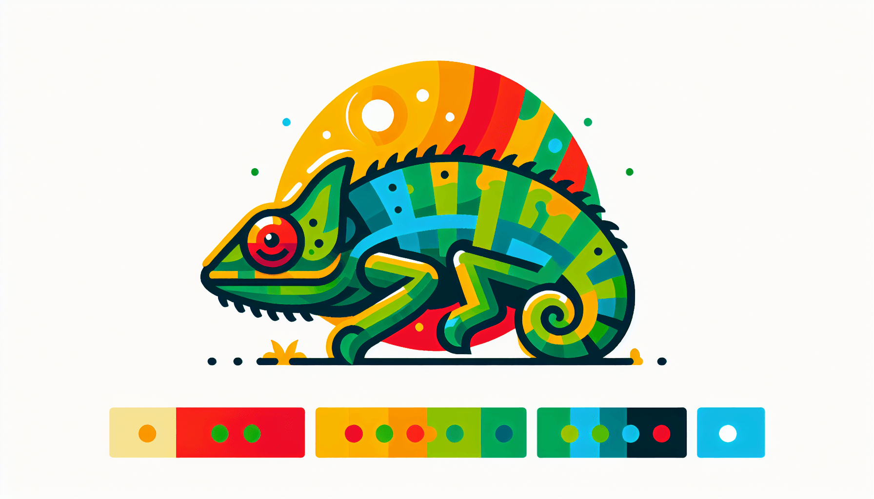 Chameleon in flat illustration style and white background, red #f47574, green #88c7a8, yellow #fcc44b, and blue #645bc8 colors.