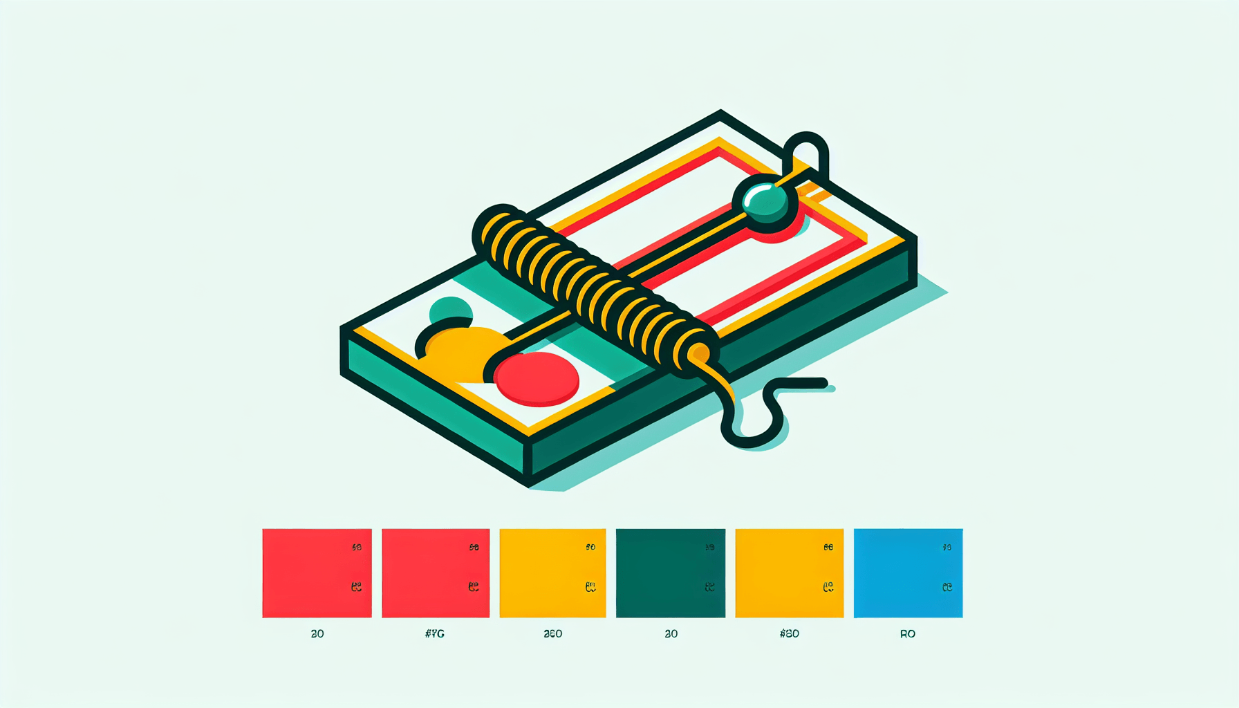 Mousetrap in flat illustration style and white background, red #f47574, green #88c7a8, yellow #fcc44b, and blue #645bc8 colors.
