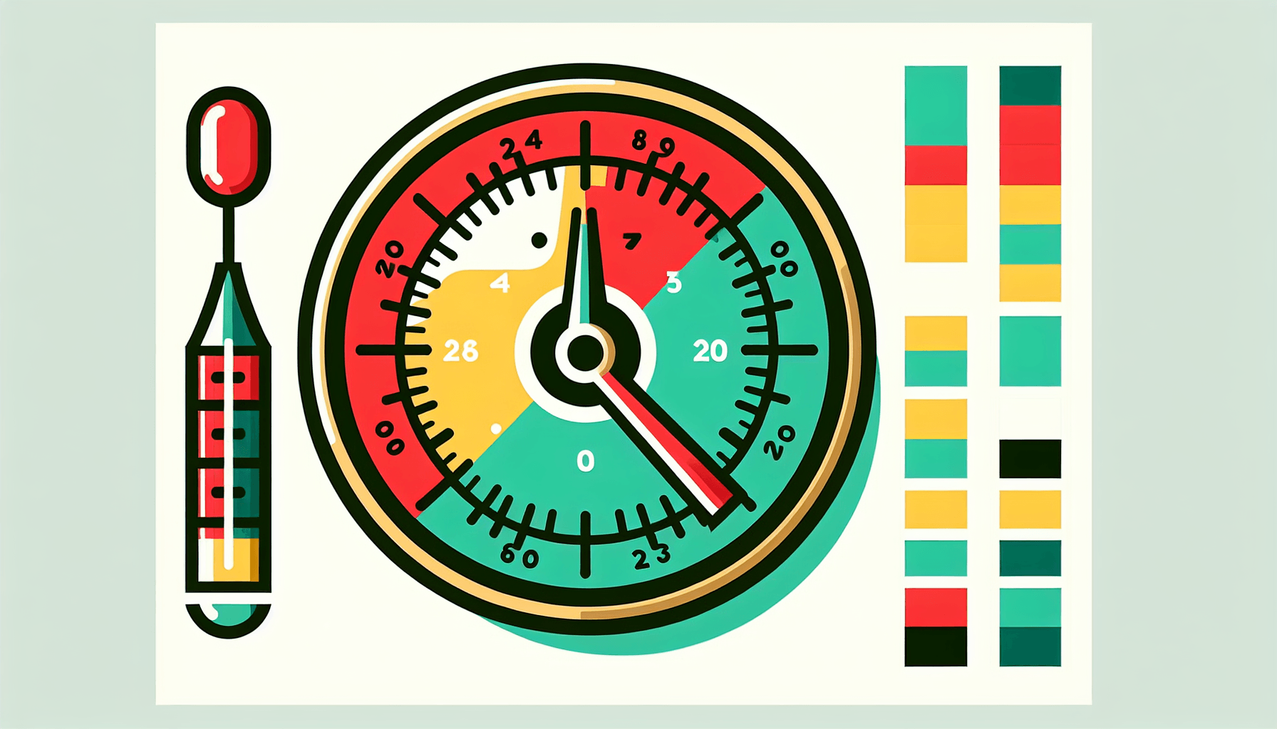 Barometer in flat illustration style and white background, red #f47574, green #88c7a8, yellow #fcc44b, and blue #645bc8 colors.
