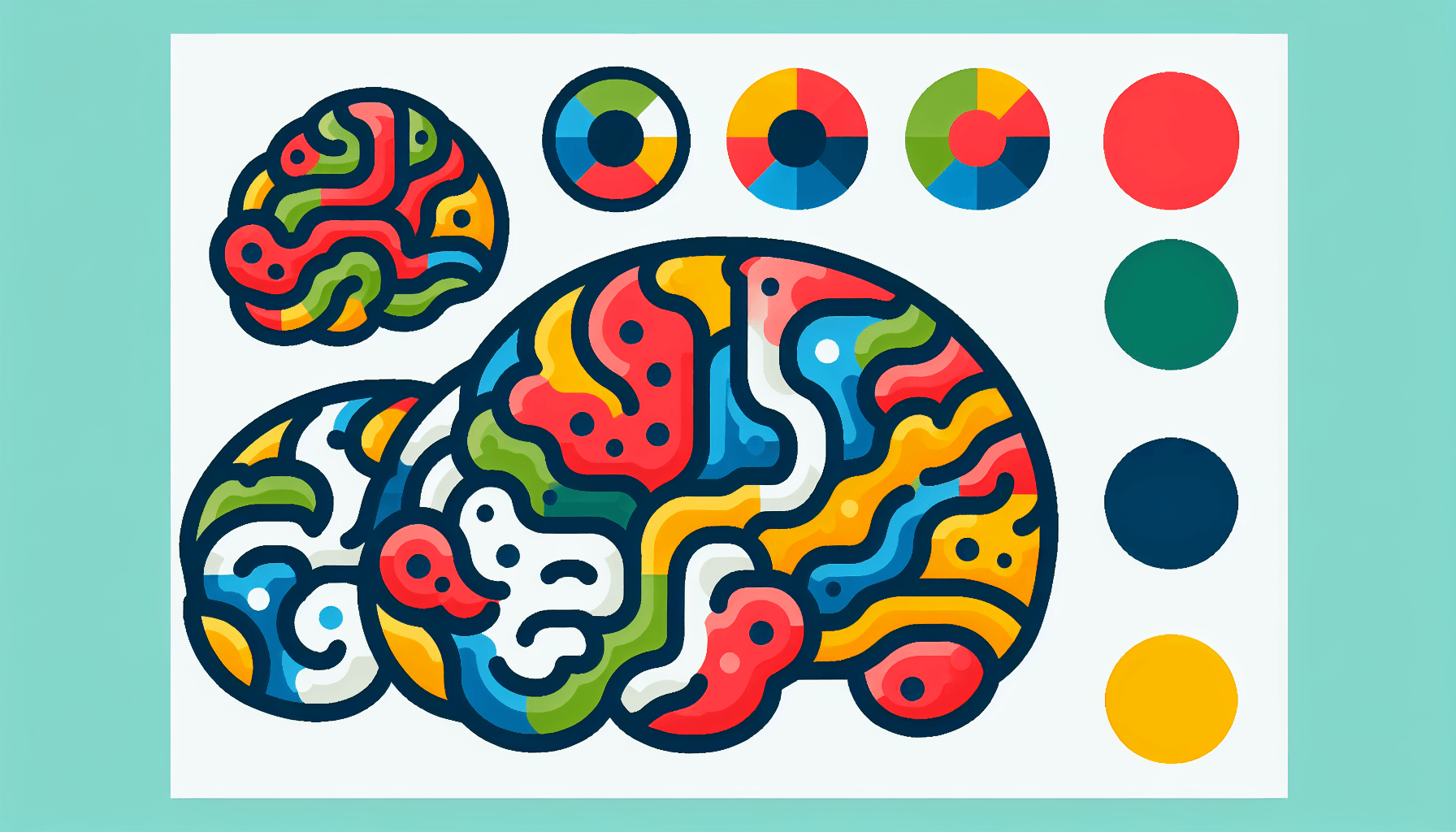 Brain in flat illustration style and white background, red #f47574, green #88c7a8, yellow #fcc44b, and blue #645bc8 colors.