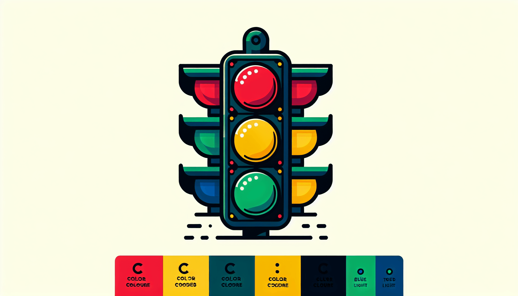Traffic lights in flat illustration style and white background, red #f47574, green #88c7a8, yellow #fcc44b, and blue #645bc8 colors.