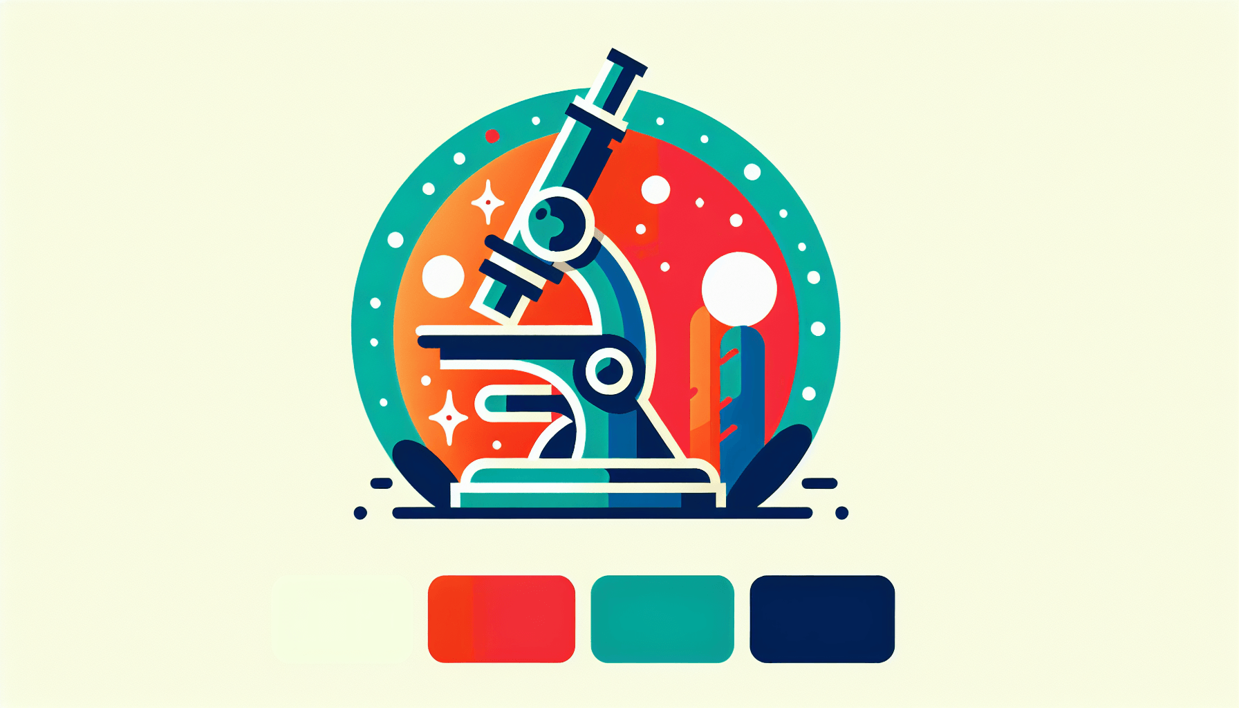 Microscope in flat illustration style and white background, red #f47574, green #88c7a8, yellow #fcc44b, and blue #645bc8 colors.