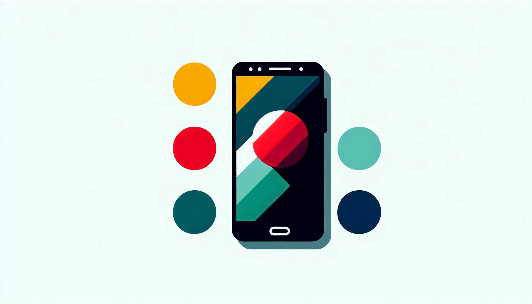 Smartphone in flat illustration style and white background, red #f47574, green #88c7a8, yellow #fcc44b, and blue #645bc8 colors.