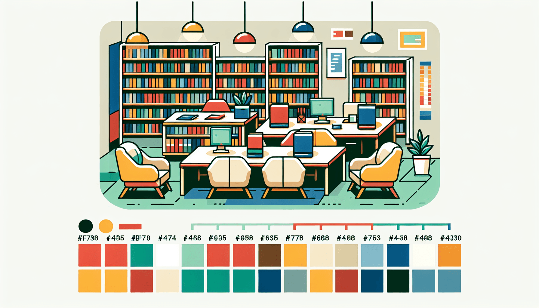 Library in flat illustration style and white background, red #f47574, green #88c7a8, yellow #fcc44b, and blue #645bc8 colors.