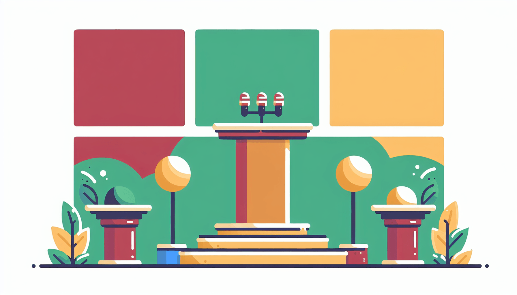 Podium in flat illustration style and white background, red #f47574, green #88c7a8, yellow #fcc44b, and blue #645bc8 colors.