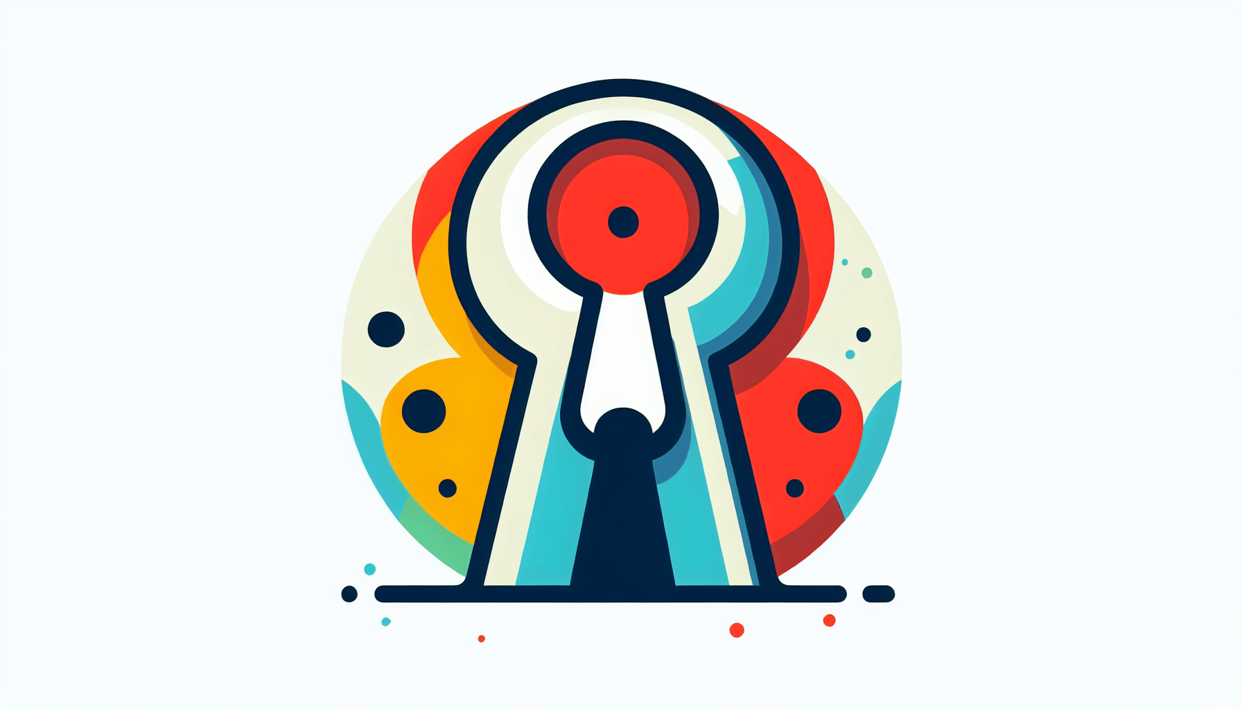 Keyhole in flat illustration style and white background, red #f47574, green #88c7a8, yellow #fcc44b, and blue #645bc8 colors.