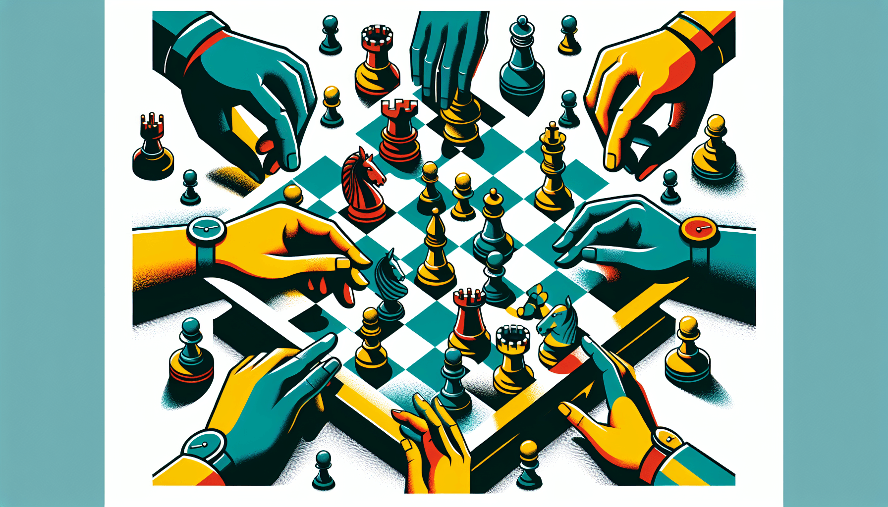 Chess game in flat illustration style and white background, red #f47574, green #88c7a8, yellow #fcc44b, and blue #645bc8 colors.