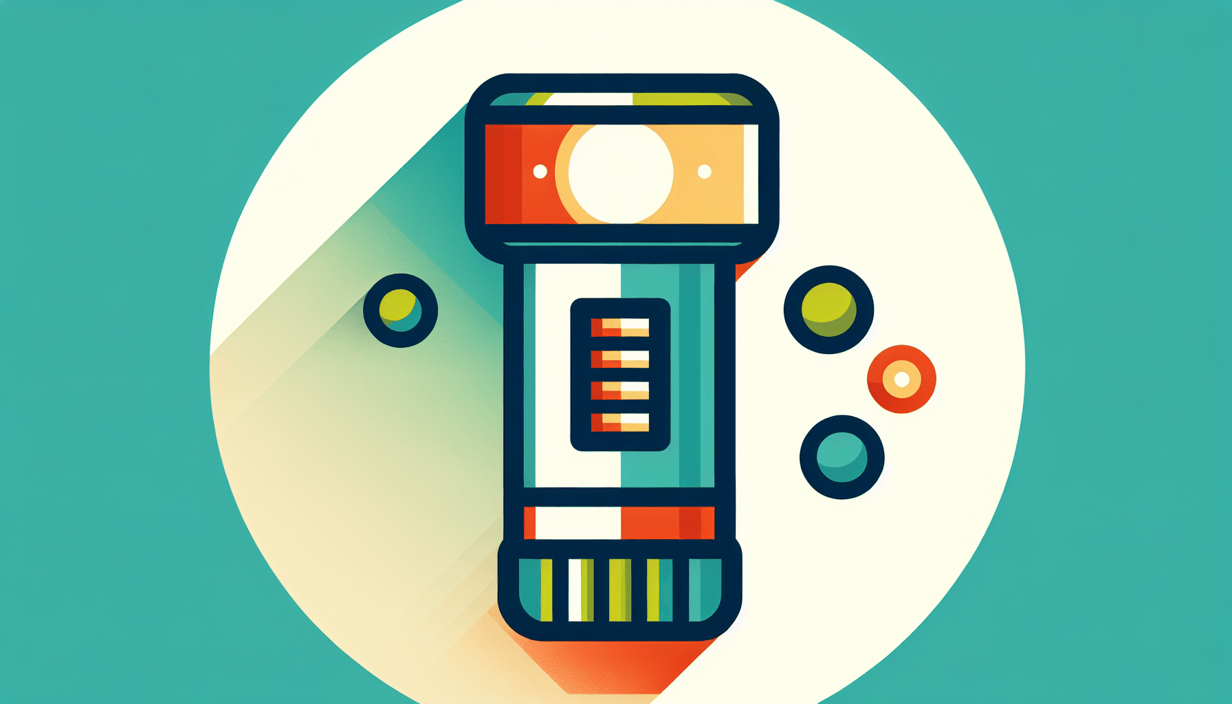 Flashlight in flat illustration style and white background, red #f47574, green #88c7a8, yellow #fcc44b, and blue #645bc8 colors.