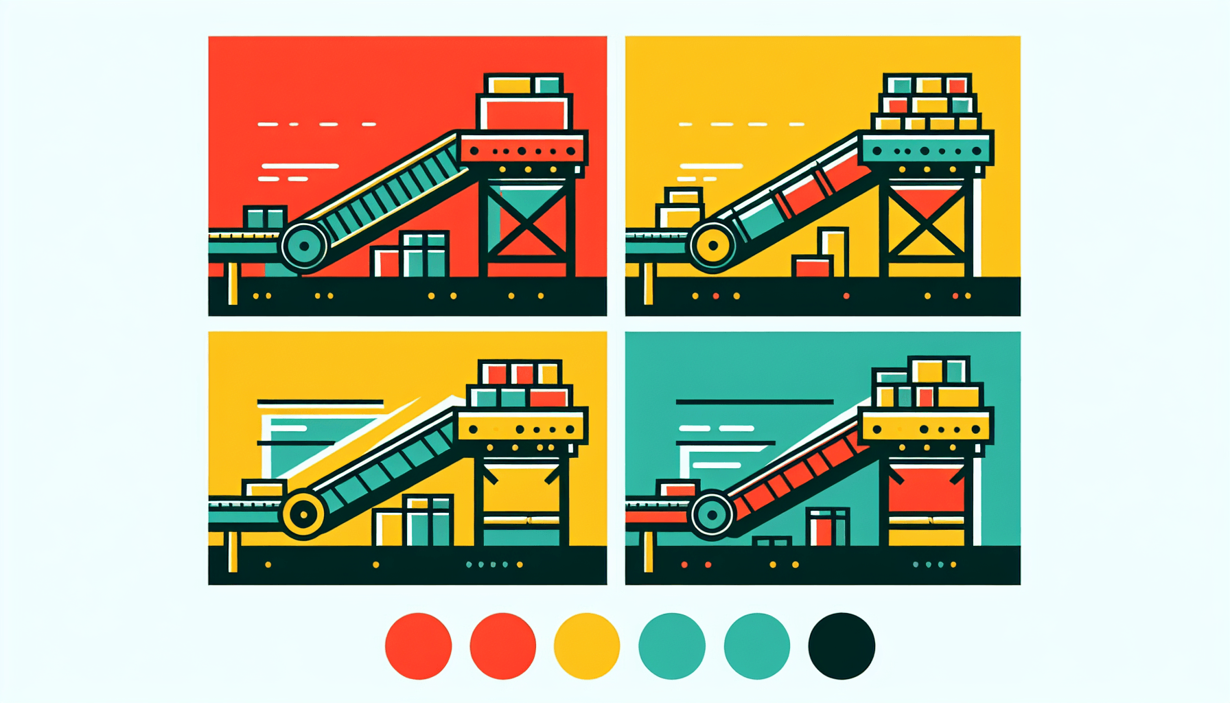 Conveyor belt in flat illustration style and white background, red #f47574, green #88c7a8, yellow #fcc44b, and blue #645bc8 colors.