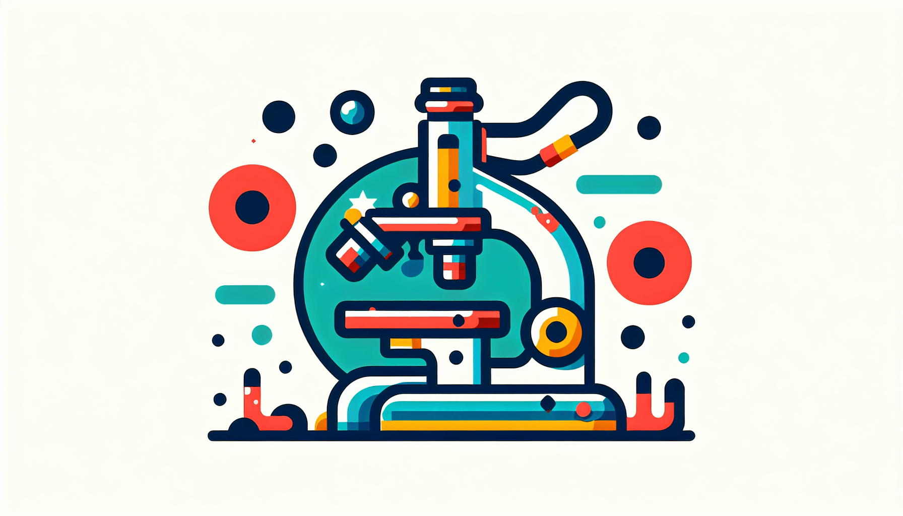 Microscope in flat illustration style and white background, red #f47574, green #88c7a8, yellow #fcc44b, and blue #645bc8 colors.