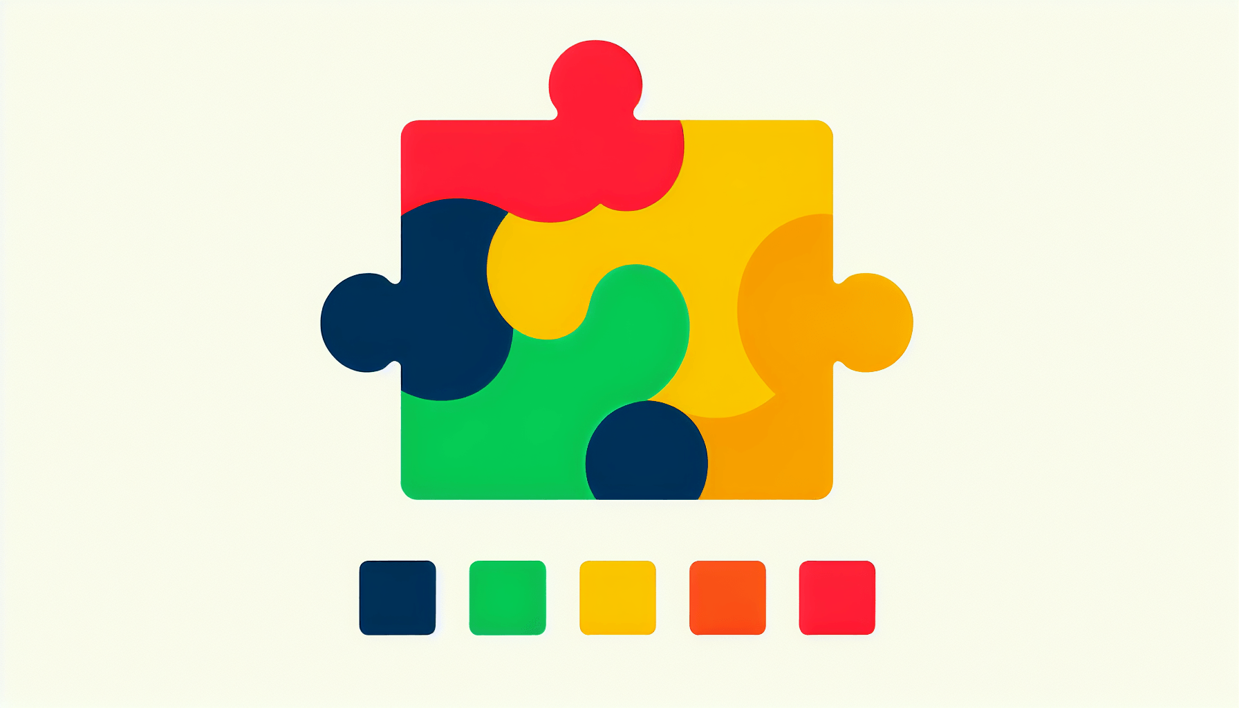 Puzzle piece in flat illustration style and white background, red #f47574, green #88c7a8, yellow #fcc44b, and blue #645bc8 colors.
