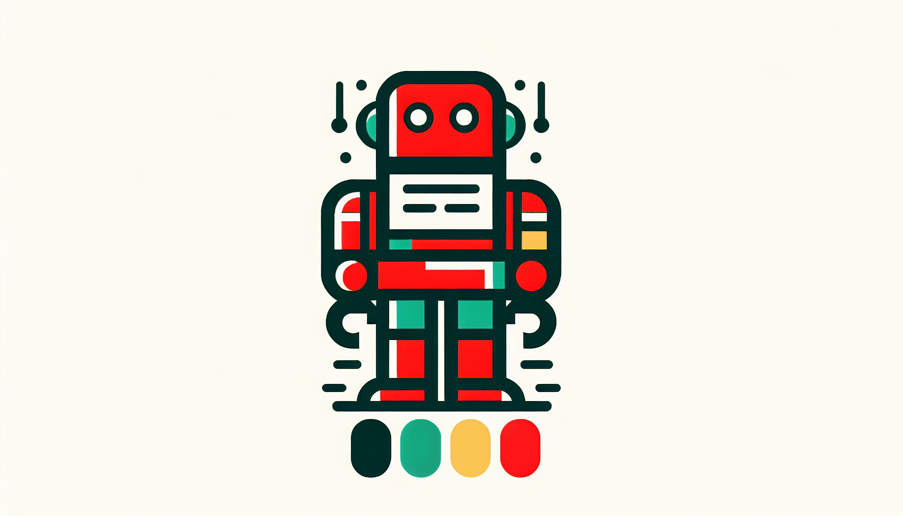 Robot in flat illustration style and white background, red #f47574, green #88c7a8, yellow #fcc44b, and blue #645bc8 colors.