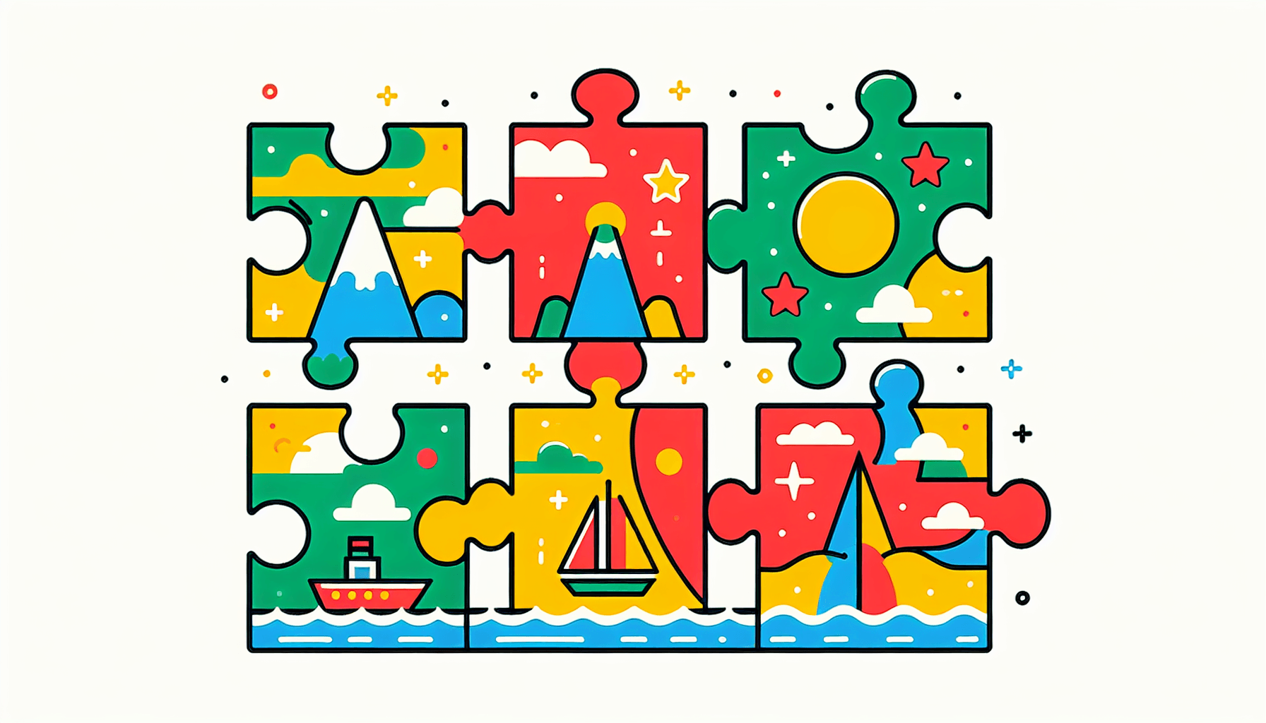 Puzzle in flat illustration style and white background, red #f47574, green #88c7a8, yellow #fcc44b, and blue #645bc8 colors.