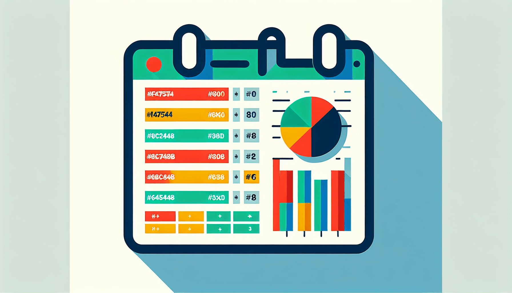 Spreadsheet in flat illustration style and white background, red #f47574, green #88c7a8, yellow #fcc44b, and blue #645bc8 colors.
