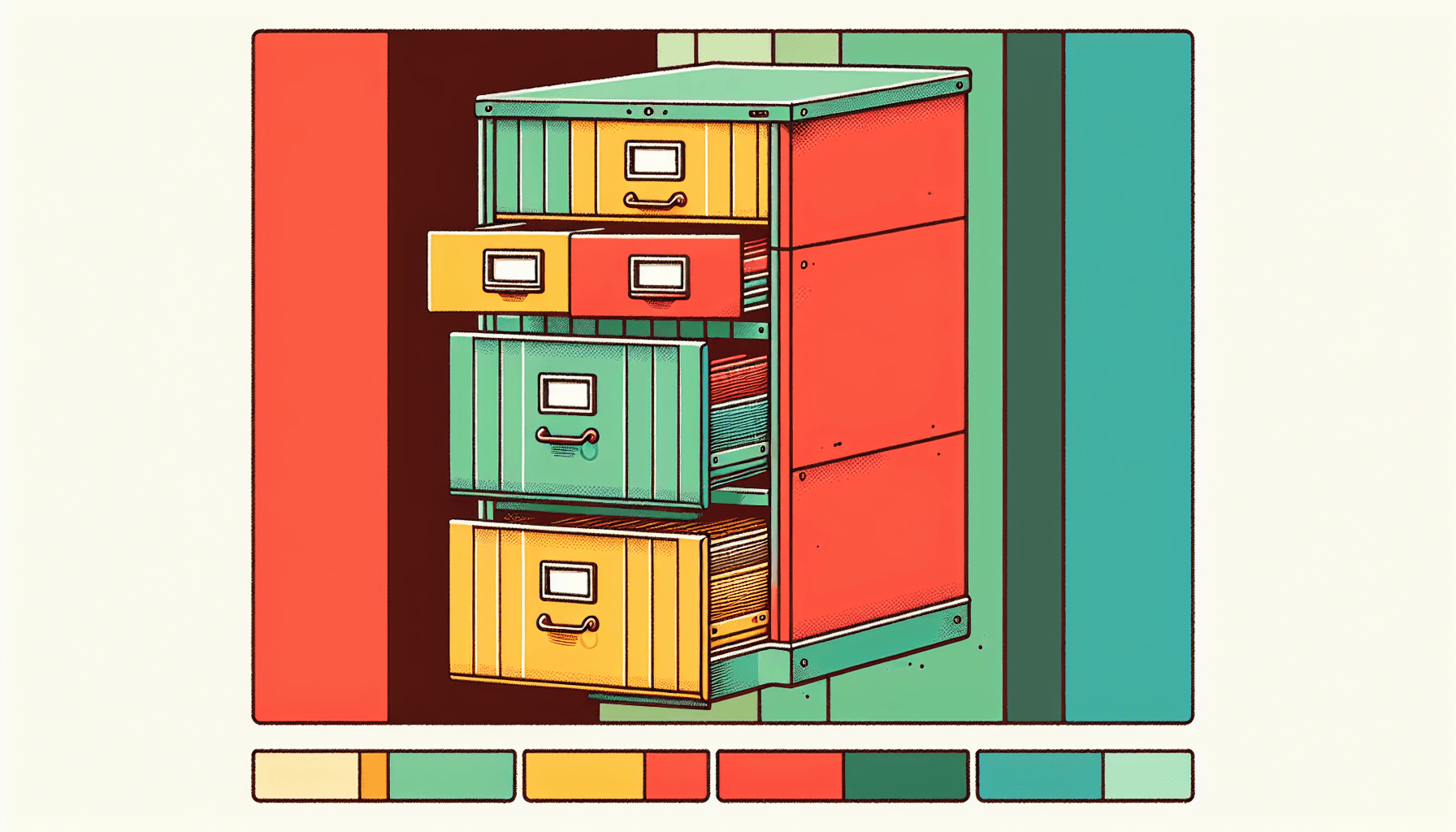File cabinet in flat illustration style and white background, red #f47574, green #88c7a8, yellow #fcc44b, and blue #645bc8 colors.