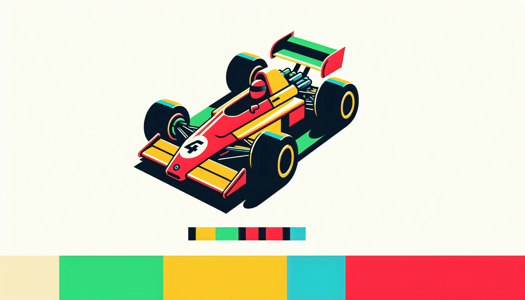 Race car in flat illustration style and white background, red #f47574, green #88c7a8, yellow #fcc44b, and blue #645bc8 colors.