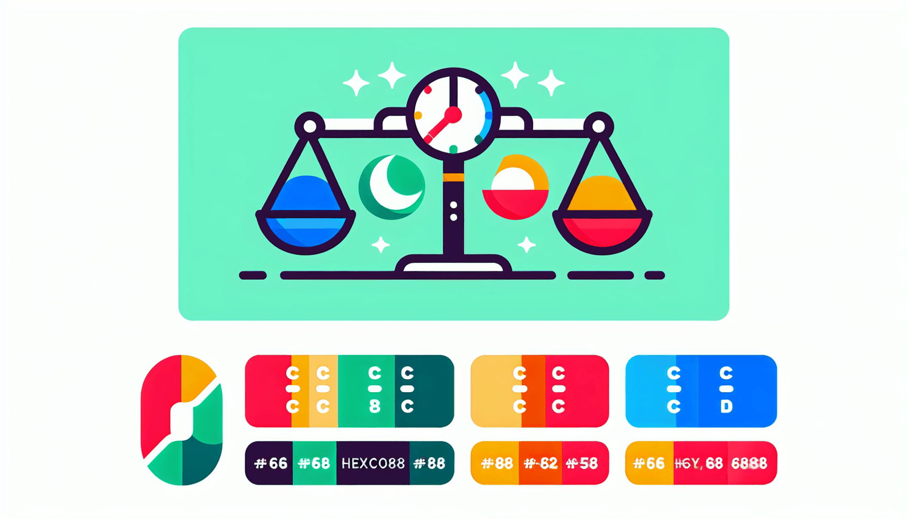 Balance scale in flat illustration style and white background, red #f47574, green #88c7a8, yellow #fcc44b, and blue #645bc8 colors.