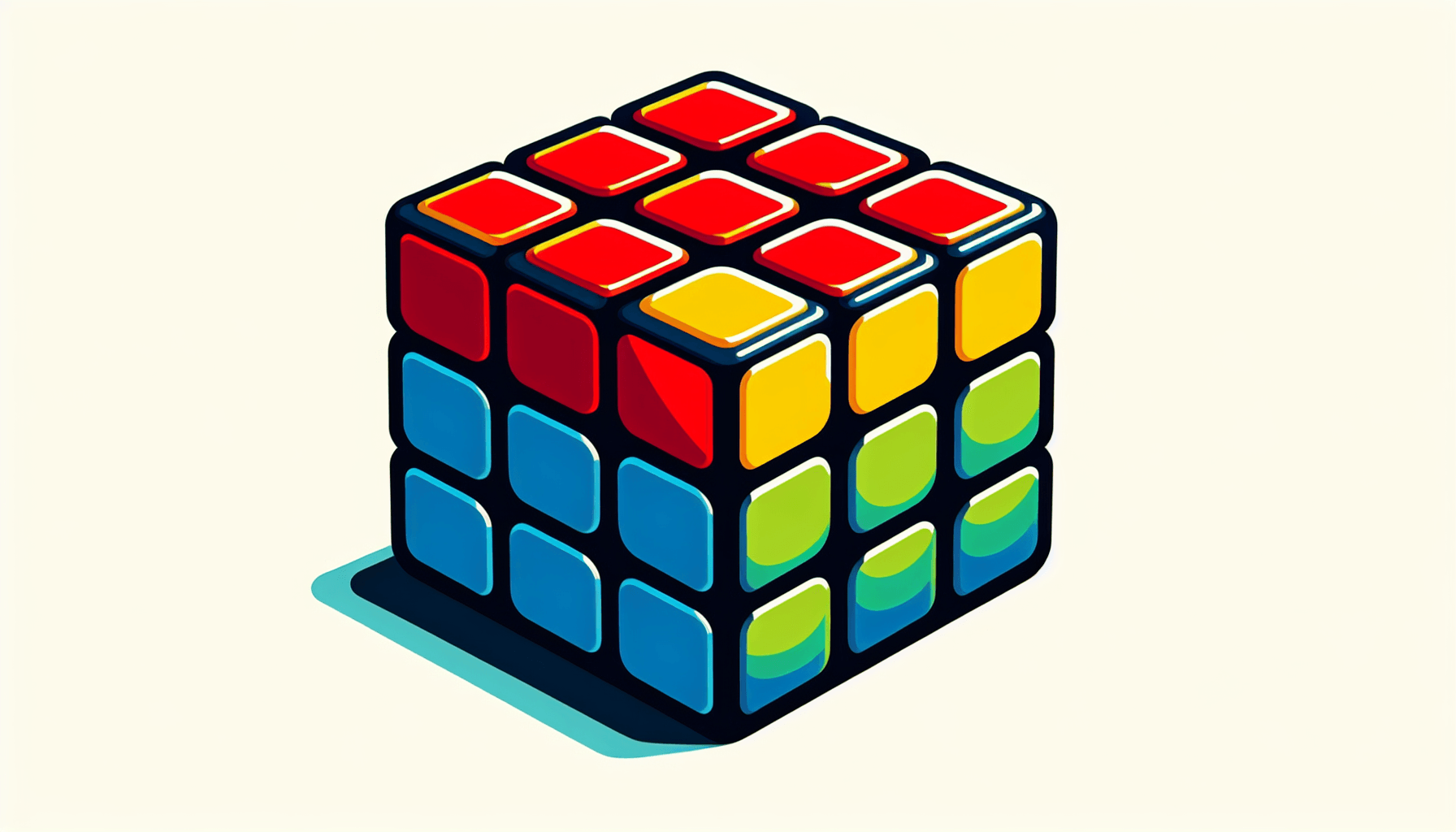 Rubik's Cube in flat illustration style and white background, red #f47574, green #88c7a8, yellow #fcc44b, and blue #645bc8 colors.