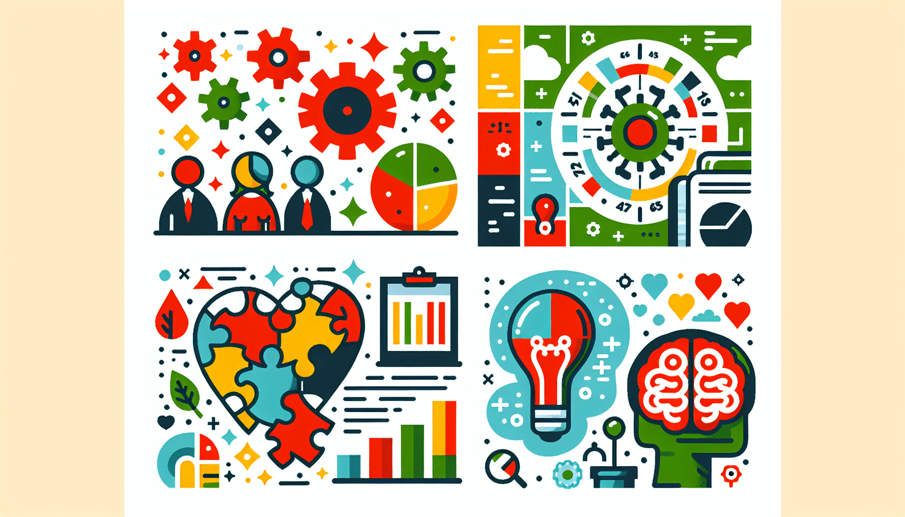 Problem-solving skills business in flat illustration style and white background, red #f47574, green #88c7a8, yellow #fcc44b, and blue #645bc8 colors.