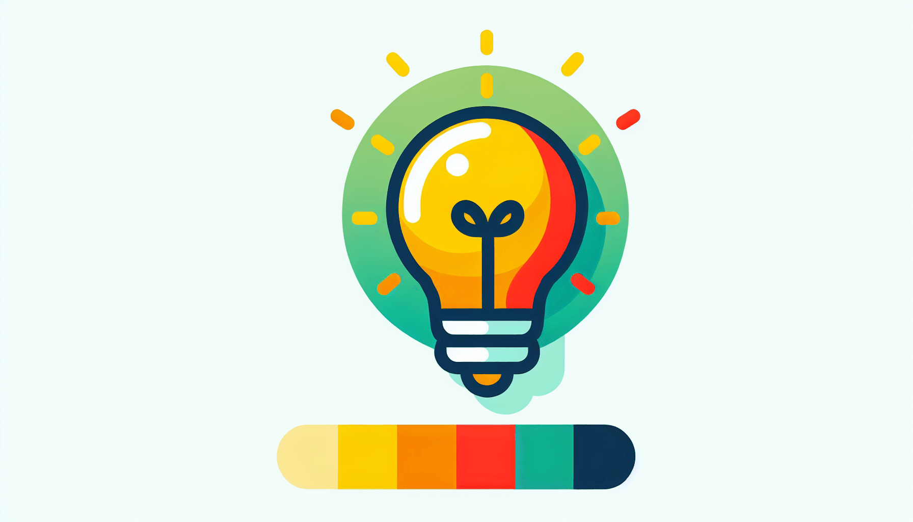 Lightbulb in flat illustration style and white background, red #f47574, green #88c7a8, yellow #fcc44b, and blue #645bc8 colors.
