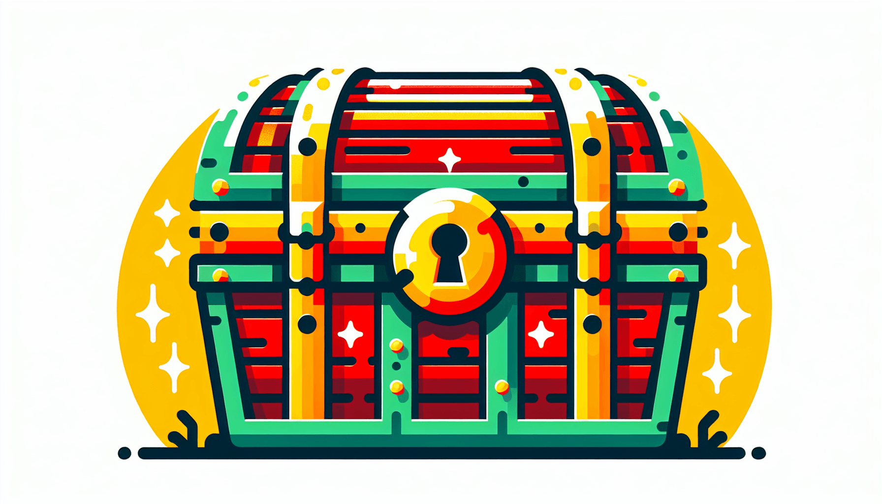 Treasure chest in flat illustration style and white background, red #f47574, green #88c7a8, yellow #fcc44b, and blue #645bc8 colors.