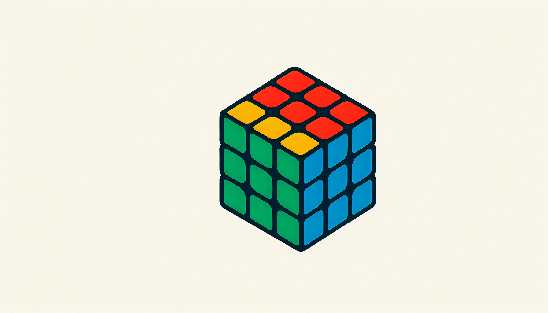 Rubik's cube in flat illustration style and white background, red #f47574, green #88c7a8, yellow #fcc44b, and blue #645bc8 colors.