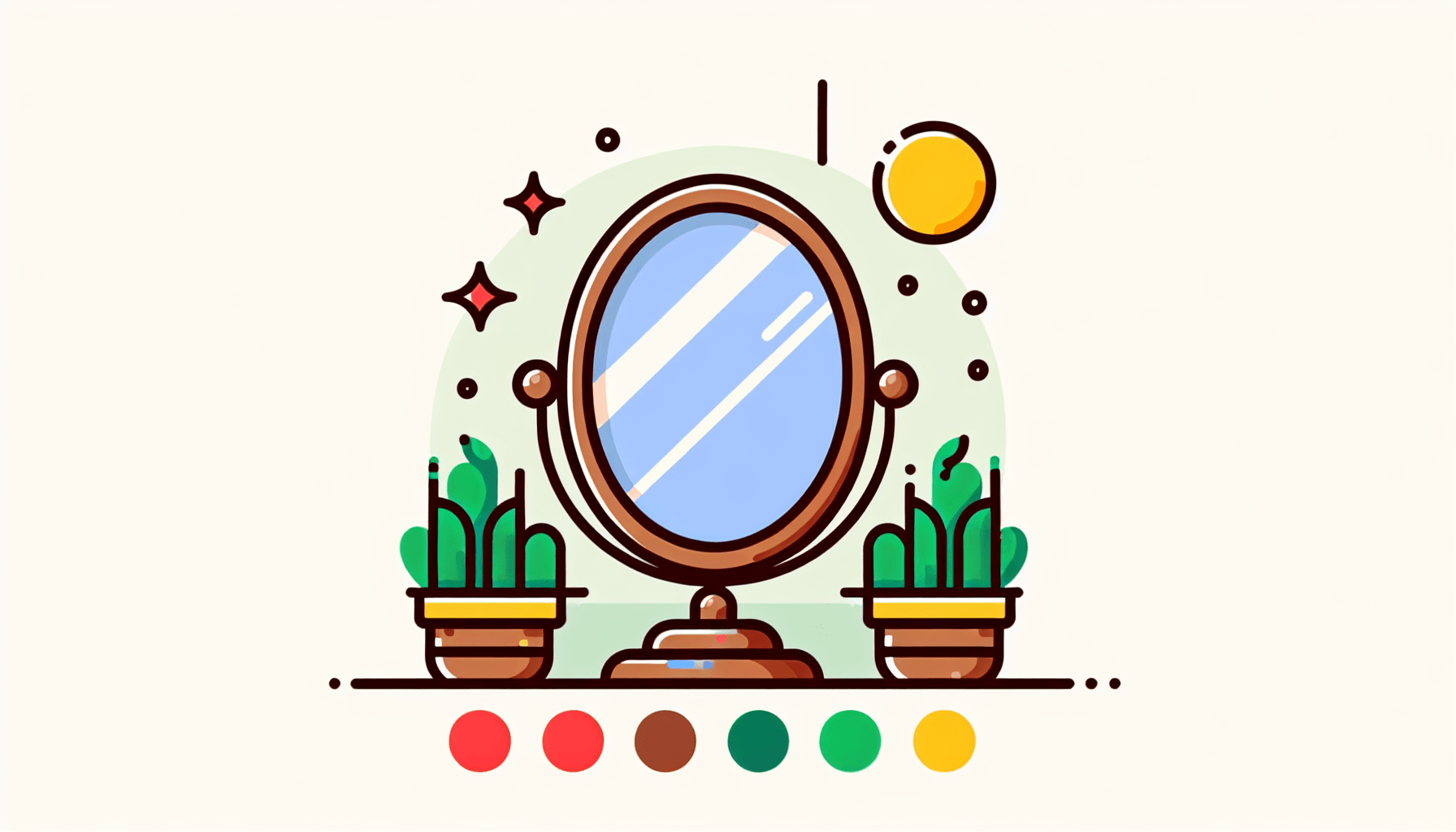 Mirror in flat illustration style and white background, red #f47574, green #88c7a8, yellow #fcc44b, and blue #645bc8 colors.