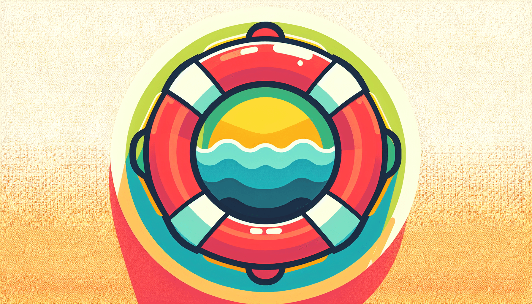 Lifebuoy in flat illustration style and white background, red #f47574, green #88c7a8, yellow #fcc44b, and blue #645bc8 colors.