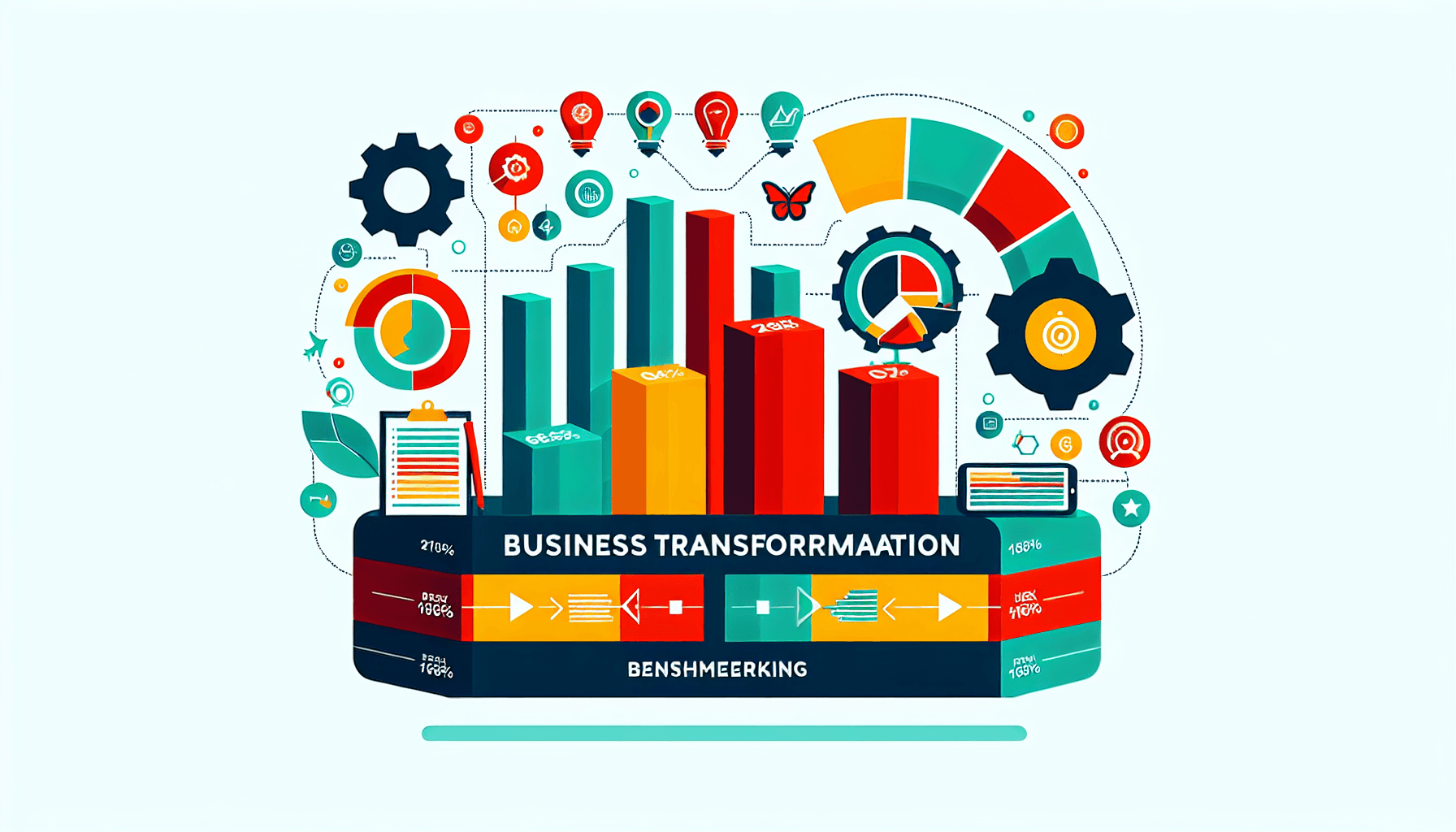 Business transformation benchmarking in flat illustration style and white background, red #f47574, green #88c7a8, yellow #fcc44b, and blue #645bc8 colors.