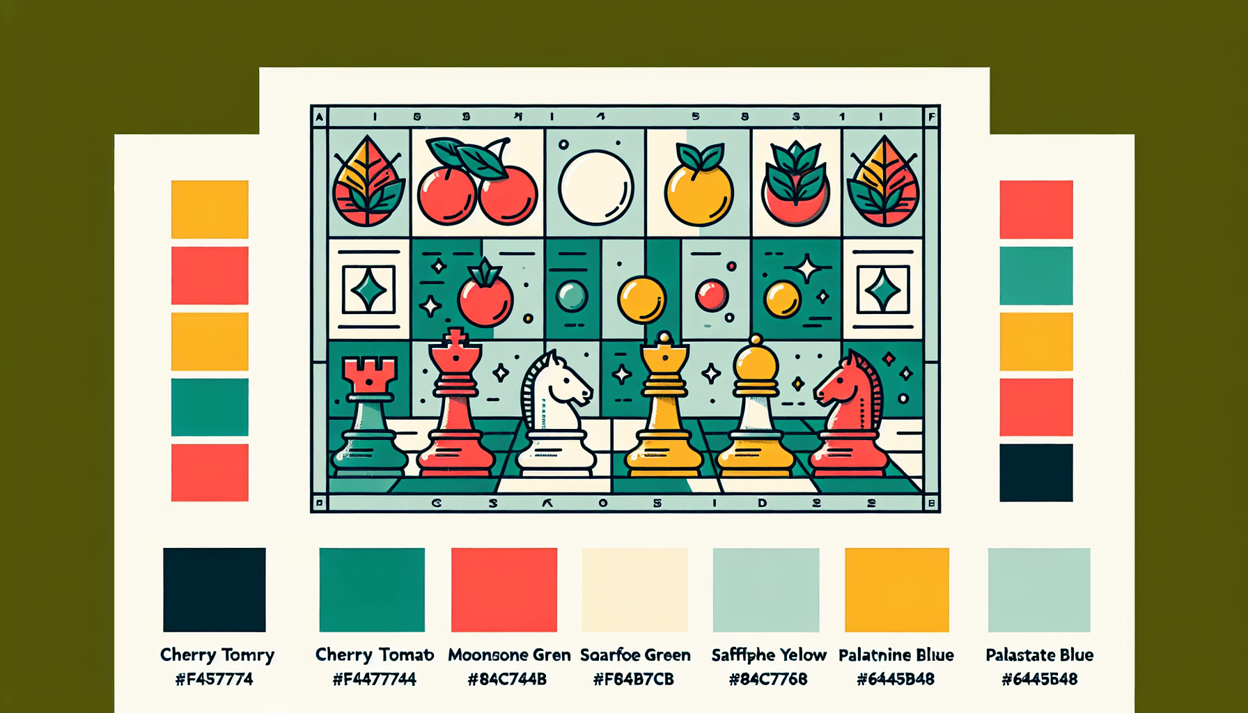 Chessboard in flat illustration style and white background, red #f47574, green #88c7a8, yellow #fcc44b, and blue #645bc8 colors.